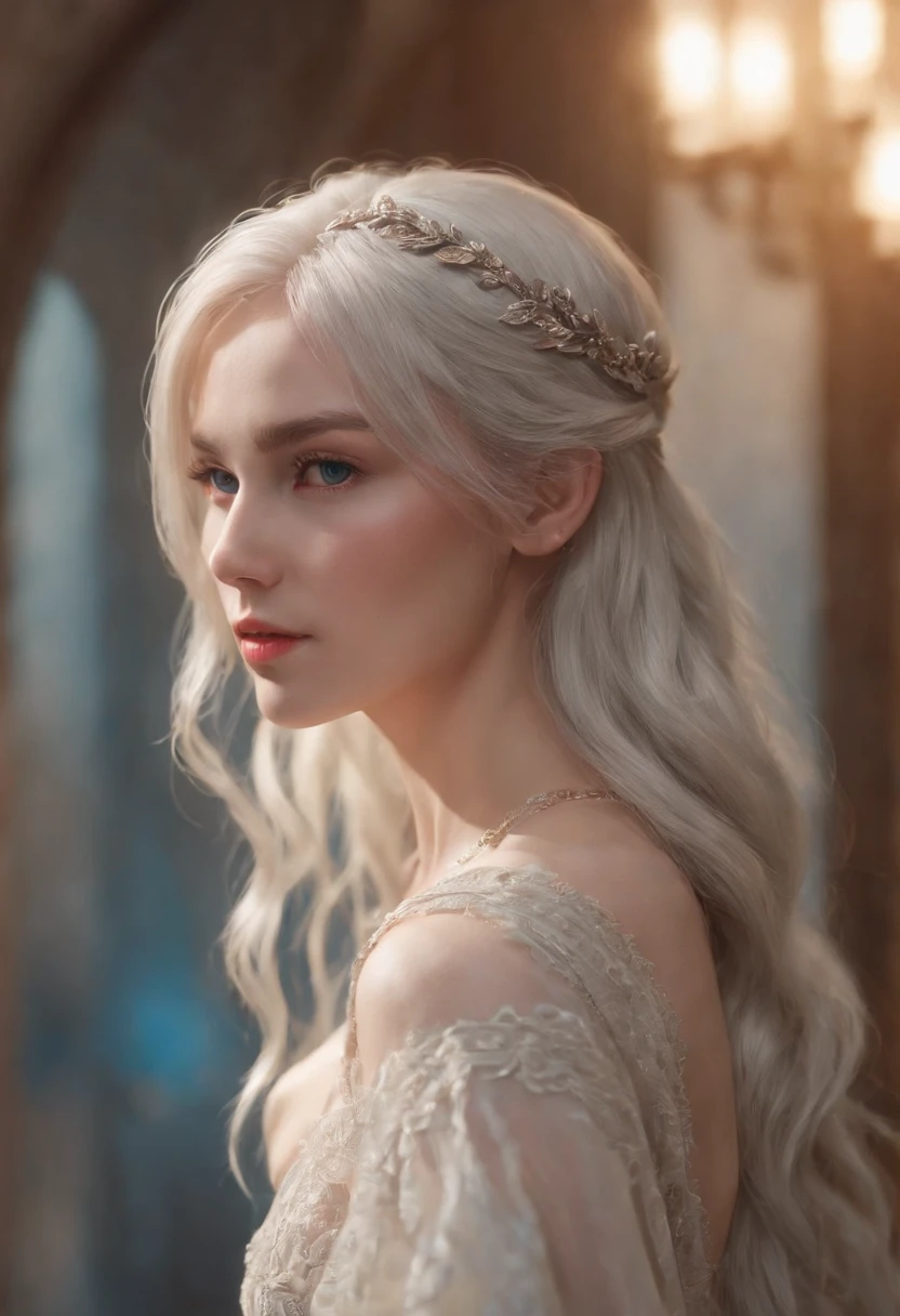 portrait of a hourglass shaped elf with (long white hair behind ear, straight bangs), (necklace, earrings), (glowing eyes, green eyes), (seductive smile:1.3), eye contact, (black embroidered lingerie), cleavage, close to a window, sitting on a chair crossed-leg, bedroom, (morning), god rays, ray tracing, best quality, 16k, masterpiece
