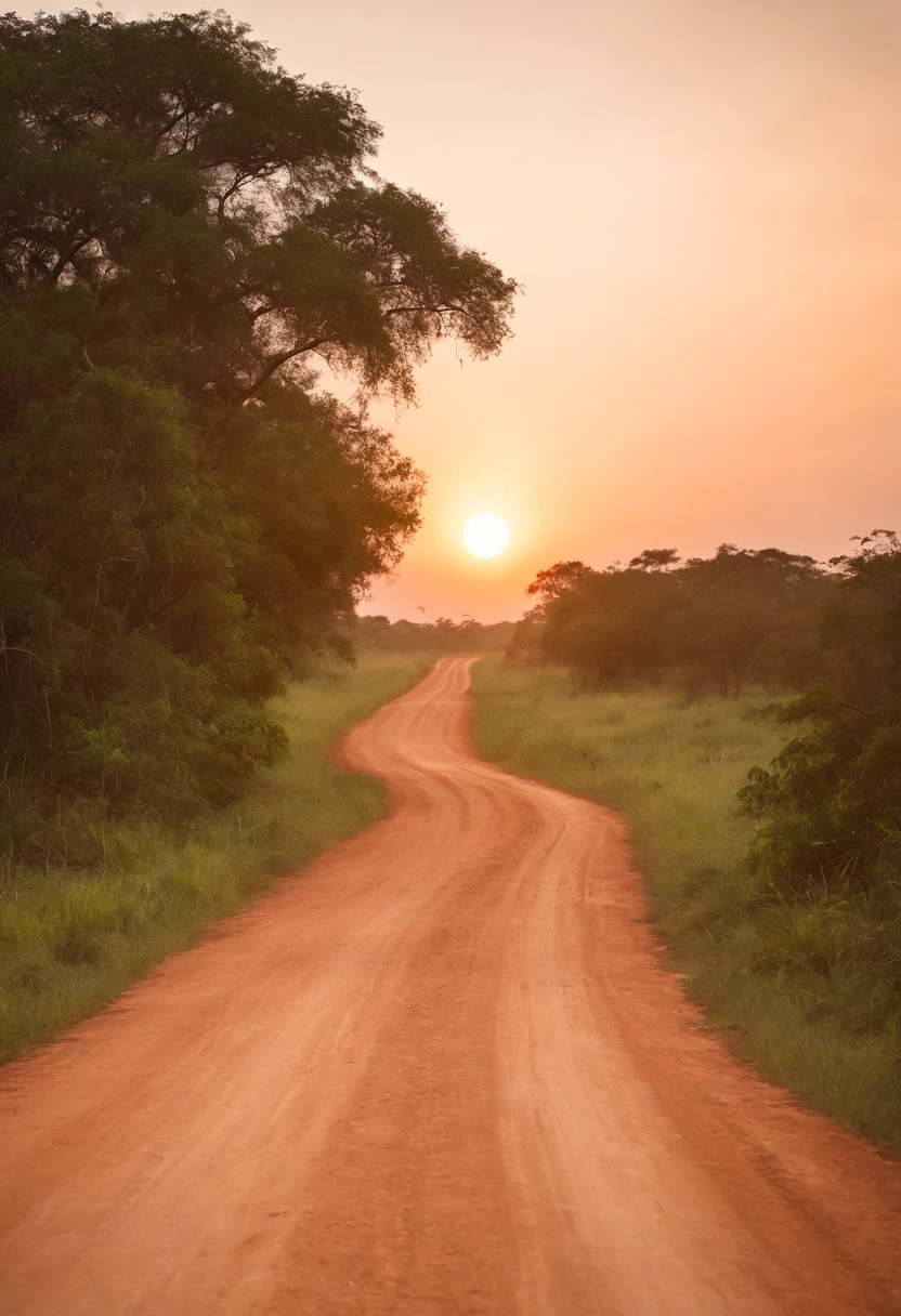 a dirt road in the interior of the Brazilian Pantanal with a crossroads and sunset in the background between trees, birds and pantanal vegetation