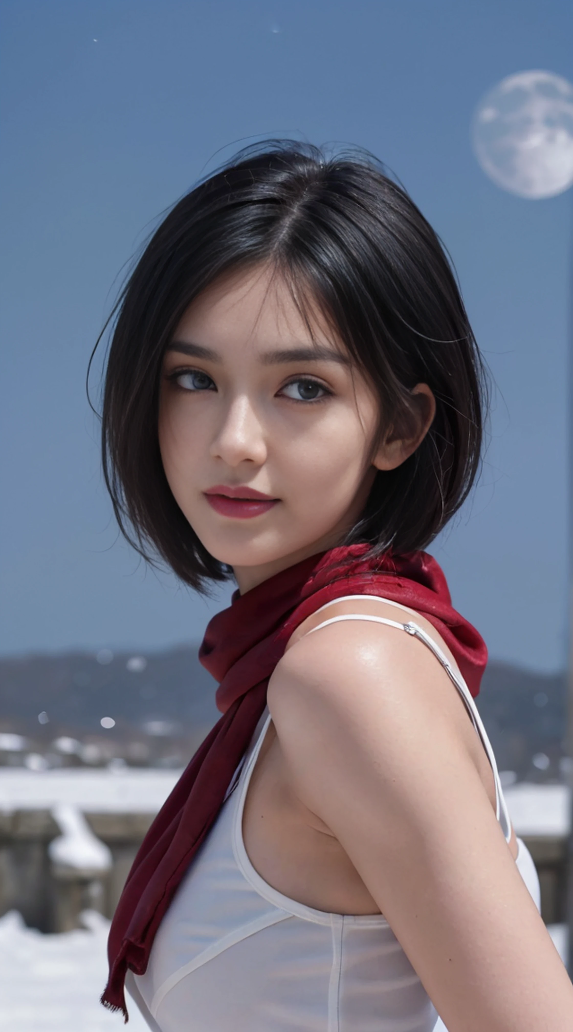 8K, Top Quality, Intricate Details, Ultra Detail, Ultra High Resolution, Masterpiece, random angle, mikasa ackerman,   Slender, Smile, (Makeup: 0.4), (Fluffy Blue Eyes: 1.21), blue Eyes,, ((full body)), 1girl, solo, 1 girl, (( full body)),  close-up shot,  , , ((tall)), (((fit body))), (((slim face))), sharp face, sharp eyes, (((black hair,  short hair, bangs ))  ,(detailed face), sharp face, small lips, thin lips, 
 ((red scarf, naked)),  detailed face, detailed breast, , large breast, detail, , Beautiful girl with accentuated slender abs: 1.4, Six Pack Abs: 1.4, Bust Botox, Big, Perfect Body, detail leg, (( moonlight)), ocean