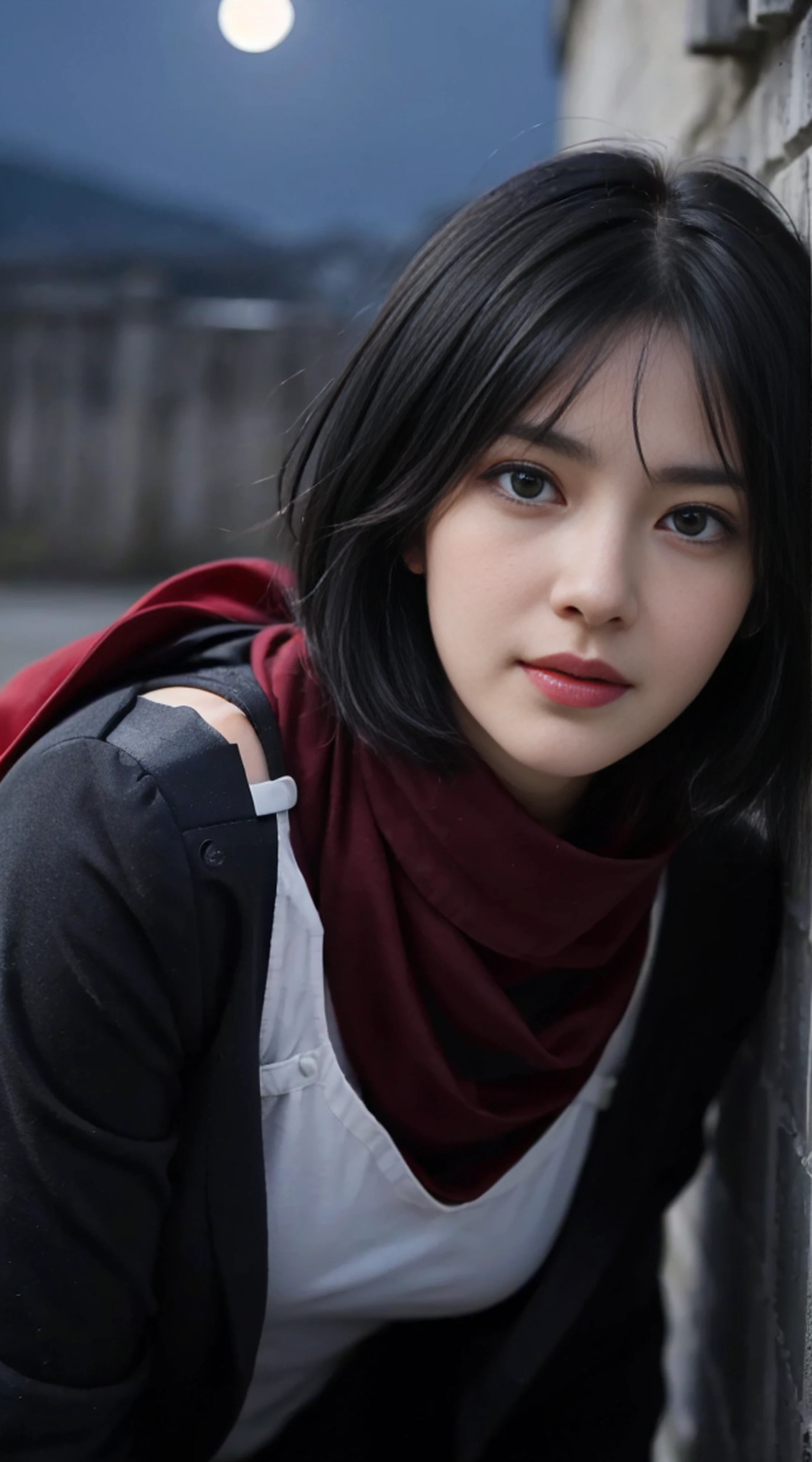 8K, Top Quality, Intricate Details, Ultra Detail, Ultra High Resolution, Masterpiece, random angle, mikasa ackerman, Slender, Smile, (Makeup: 0.4), (Fluffy Blue Eyes: 1.21), blue Eyes,, ((full body)), 1girl, solo, 1 girl, (( full body)), close-up shot, , , ((tall)), (((fit body))), (((slim face))), sharp face, sharp eyes, (((black hair, short hair, bangs )) ,(detailed face), sharp face, small lips, thin lips,
((red scarf, thigh strap, white short)), detailed face, detailed breast, , large breast, detail, , Beautiful girl with accentuated slender abs: 1.4, Six Pack Abs: 1.4, Bust Botox, Big, Perfect Body, detail leg, (( moonlight)), ocean