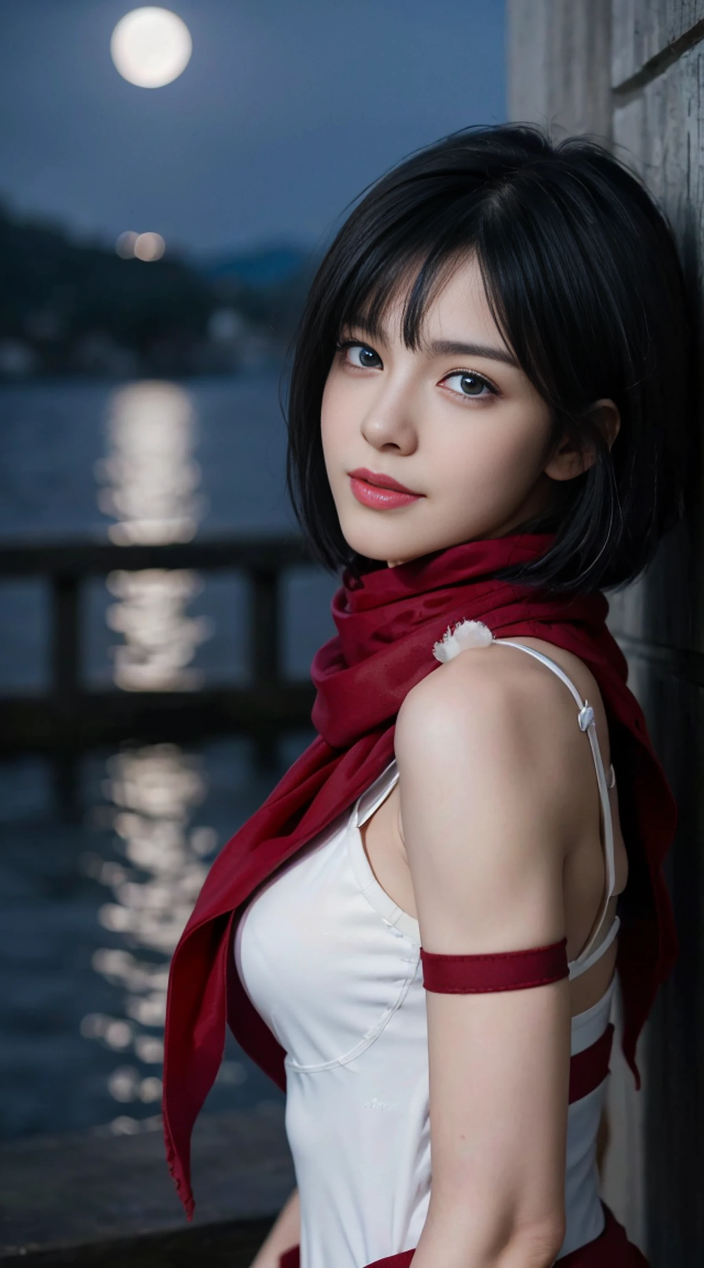 8K, Top Quality, Intricate Details, Ultra Detail, Ultra High Resolution, Masterpiece, random angle, mikasa ackerman, Slender, Smile, (Makeup: 0.4), (Fluffy Blue Eyes: 1.21), blue Eyes,, ((full body)), 1girl, solo, 1 girl, (( full body)), close-up shot, , , ((tall)), (((fit body))), (((slim face))), sharp face, sharp eyes, (((black hair, short hair, bangs )) ,(detailed face), sharp face, small lips, thin lips,
((red scarf, thigh strap, mini skirt)), detailed face, detailed breast, , large breast, detail, , Beautiful girl with accentuated slender abs: 1.4, Six Pack Abs: 1.4, Bust Botox, Big, Perfect Body, detail leg, (( moonlight)), ocean