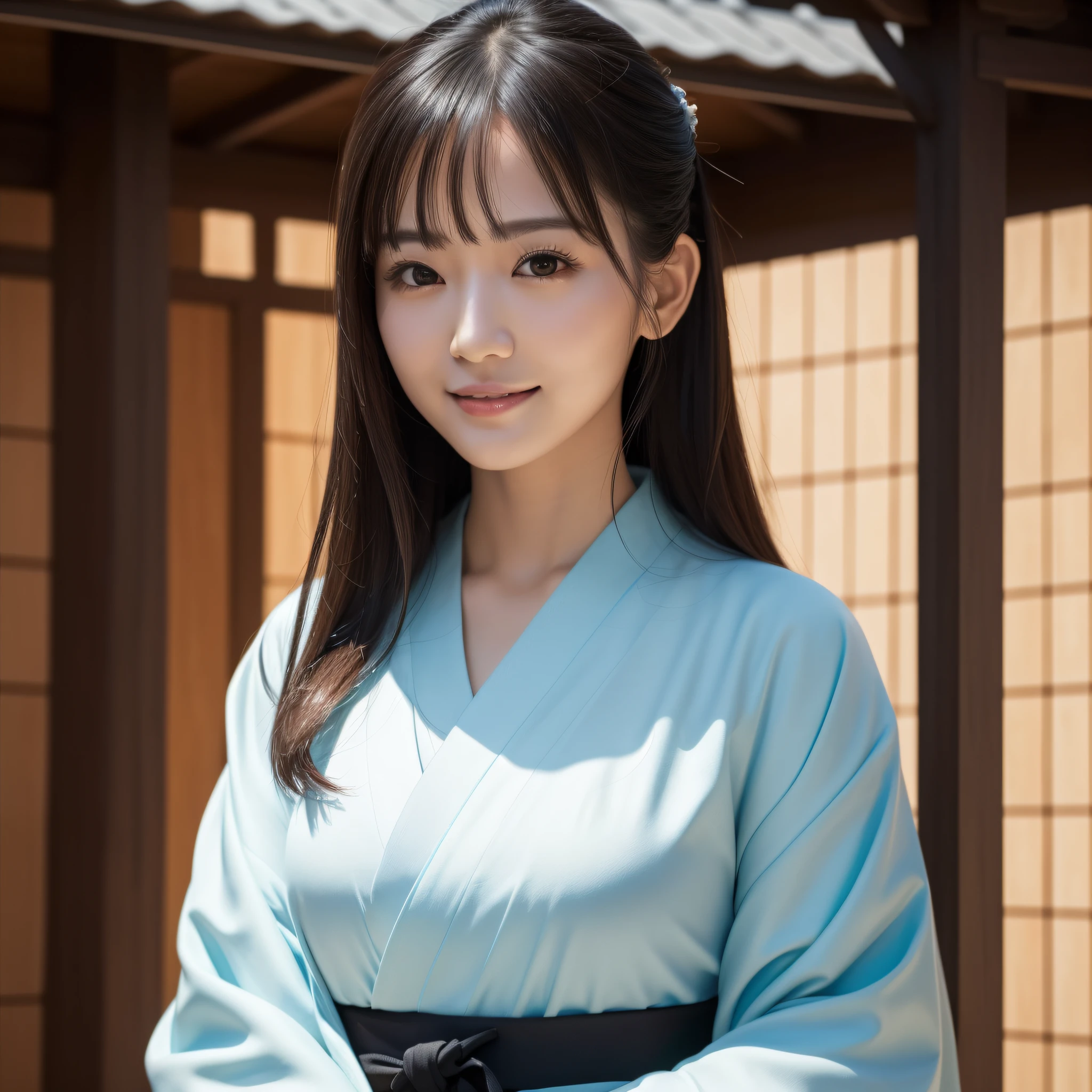 Woman in Kimono、((best qualtiy、8k masterpieces:1.3))、foco nítido:1.2、(ultra beautiful faces:1.0)、(shinny skin:1.0)、photos realistic、A dark-haired、Video Lighting、High-definition eyes and face、Video Lighting、Japan Idol Actress、from the front side、medium breasts、Smile、Slender Abs Beauty、Whole body、wearing kimonos、At the shrine in the early morning、Small face