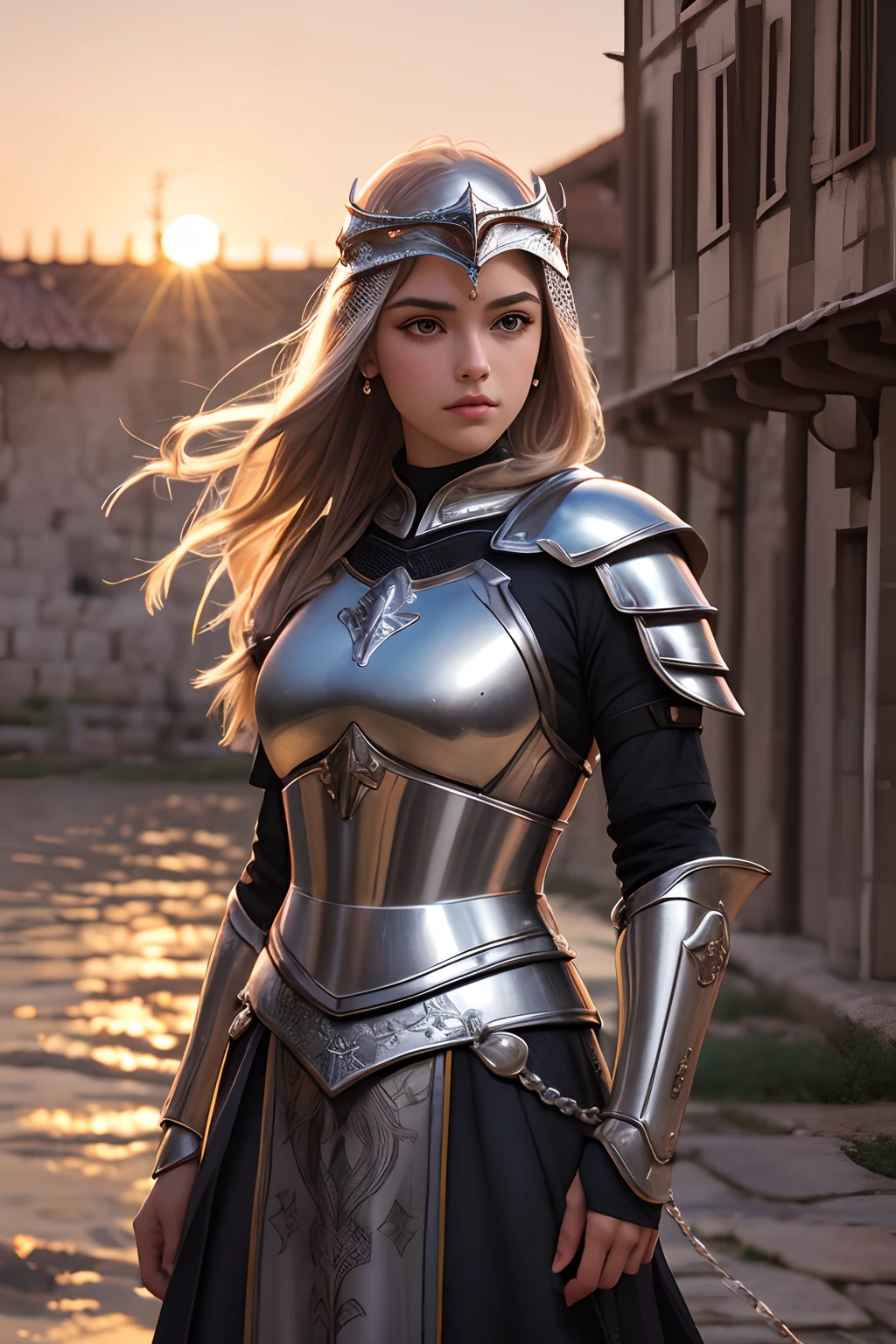 (master part), (extremamente intrincado:1.3), (Realistic), Retrato de uma menina, Athena, deusa,o mais bonito do mundo, (armadura medieval dourada com elmo), metal reflections, parte superior do corpo, ao ar livre, luz solar intensa, Castelo distante, fotografia profissional de uma mulher deslumbrante detalhada, foco nítido, Dramatic, Premiado, Cinematic lighting, , Volumetria DTX, (filmic grain, blurry background, blurry foreground, Bokeh, profundidade de campo, Sunset,interaction, Perfectchainmail