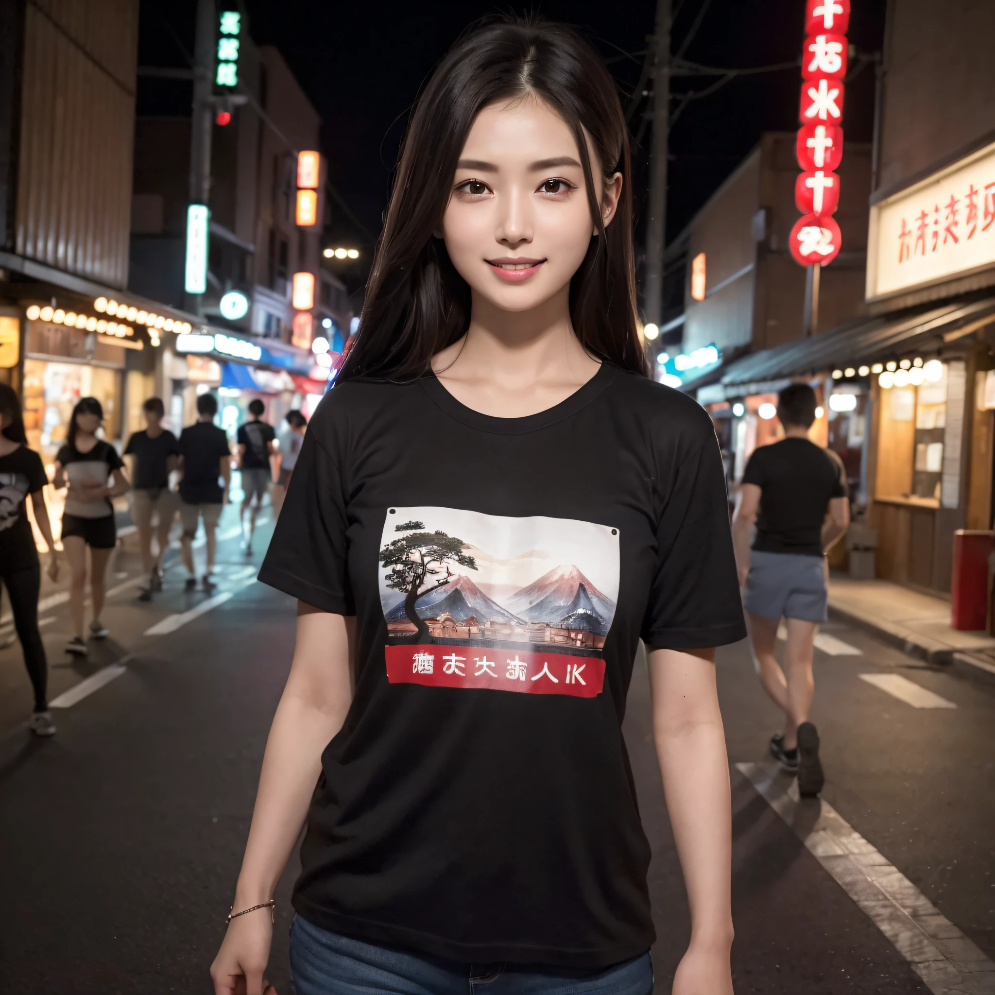 One beauty、((best qualtiy、8k masterpieces:1.3))、foco nítido:1.2、(ultra beautiful faces:1.0)、(shinny skin:1.0)、photos realistic、A dark-haired、Video Lighting、High-definition eyes and face、Video Lighting、25-year-old Japan actress、from the front side、medium breasts、Smile、Slender Abs Beauty、Whole body、Wearing a Japan T-shirt、In the downtown area at night