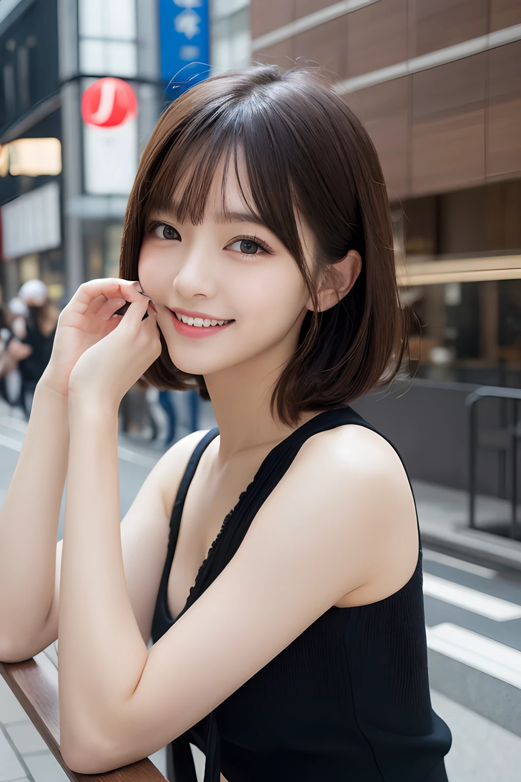 masutepiece, Best Quality, ultra-detailliert, finely detail, hight resolution, 8k wallpaper, Perfect dynamic composition, Beautiful detailed eyes, Women's Fashion, Very short hair, small tits, Natural Color Lip, Bold sexy poses, Smile, Harajuku, 20 years girl, Cute, Sexy shot looking at camera