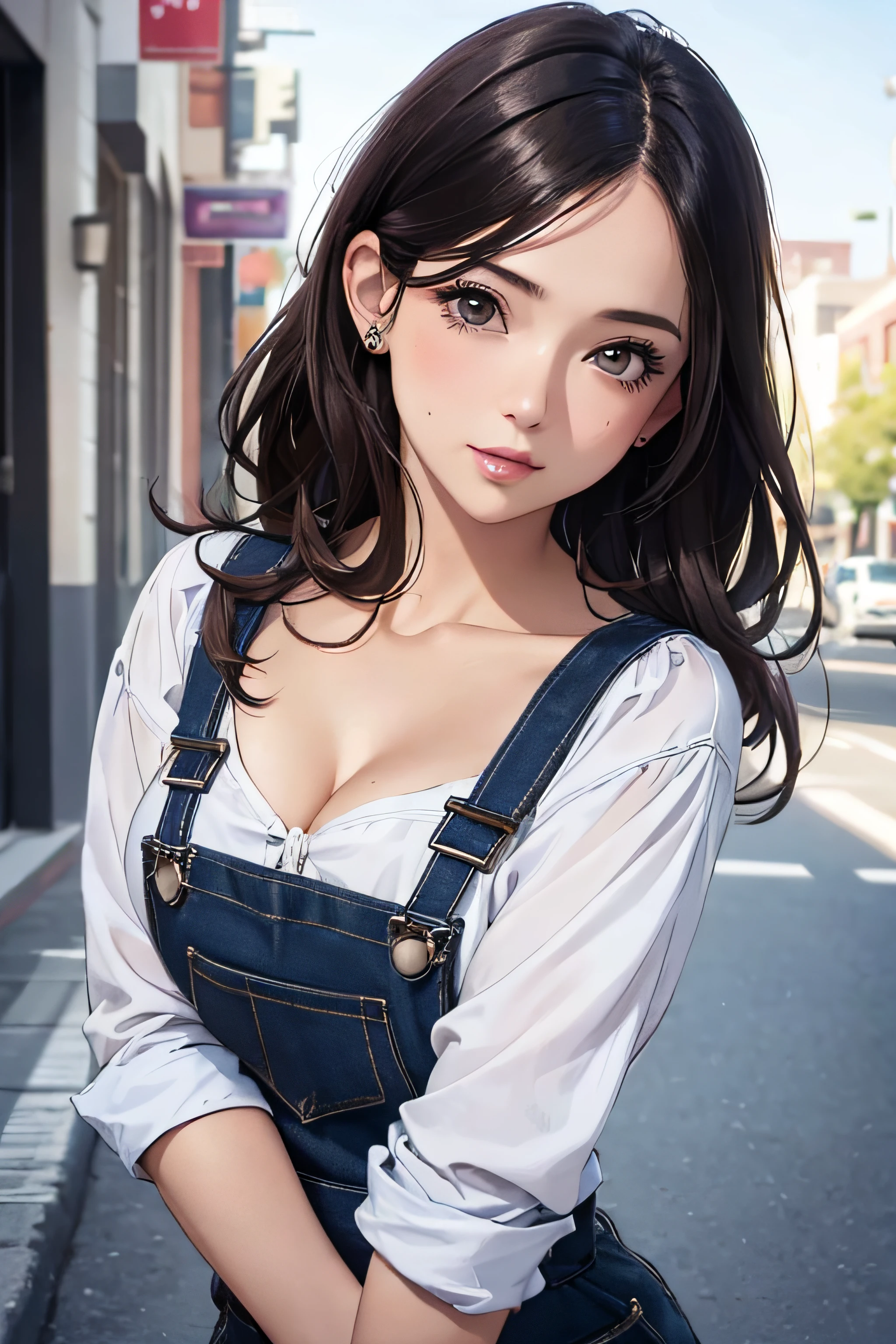 girl in spring clothes, shirt, blouse, dark tight overalls short, medium breasts, cleavage, cityscape, flirtatious look, ((very detailed)), (perfectly detailed face), (well detailed hand) photorealistic image.