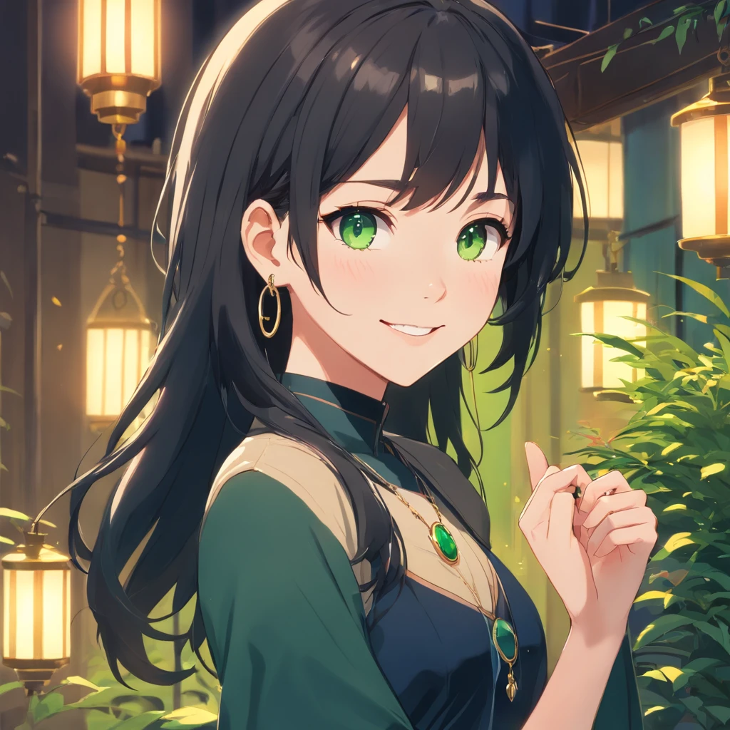 Colares e brincos、Smiling girl wearing bracelet and other accessories，She is white and has long black hair and moist moss green eyes.，She's wearing a black dress that glows with accessories.，