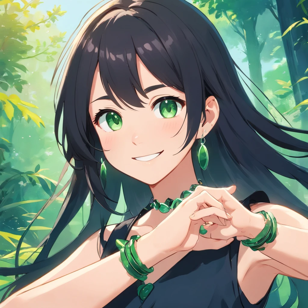 Colares e brincos、Smiling girl wearing bracelet and other accessories，She is white and has long black hair and moist moss green eyes.，She's wearing a black dress that glows with accessories.，