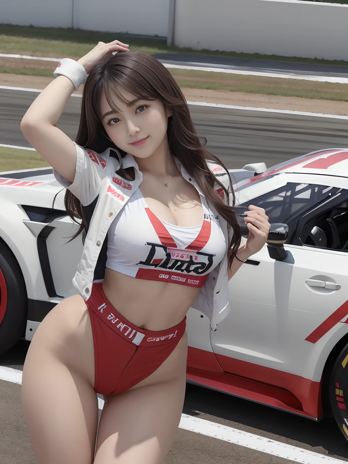 (4 k、top-quality)、(realisitic、Photorealsitic)、(Yakian)、
1girl in、独奏、fullllbody、(face to the viewer)、
perfect hand、
Redshirt、
Daytime、Suzuka Circuit、finerly detailed face、Slightly chubby、The best smile、Light brown long curled hair、(super gigantic breast, cleavage:1.2)、(Race Queen、I'm wearing high legs:1.3)、(Cameltoe)、Nogizaka Idol、actress、Korean Idol、hposing Gravure Idol、place one's arms behind one's back、(Aside)、