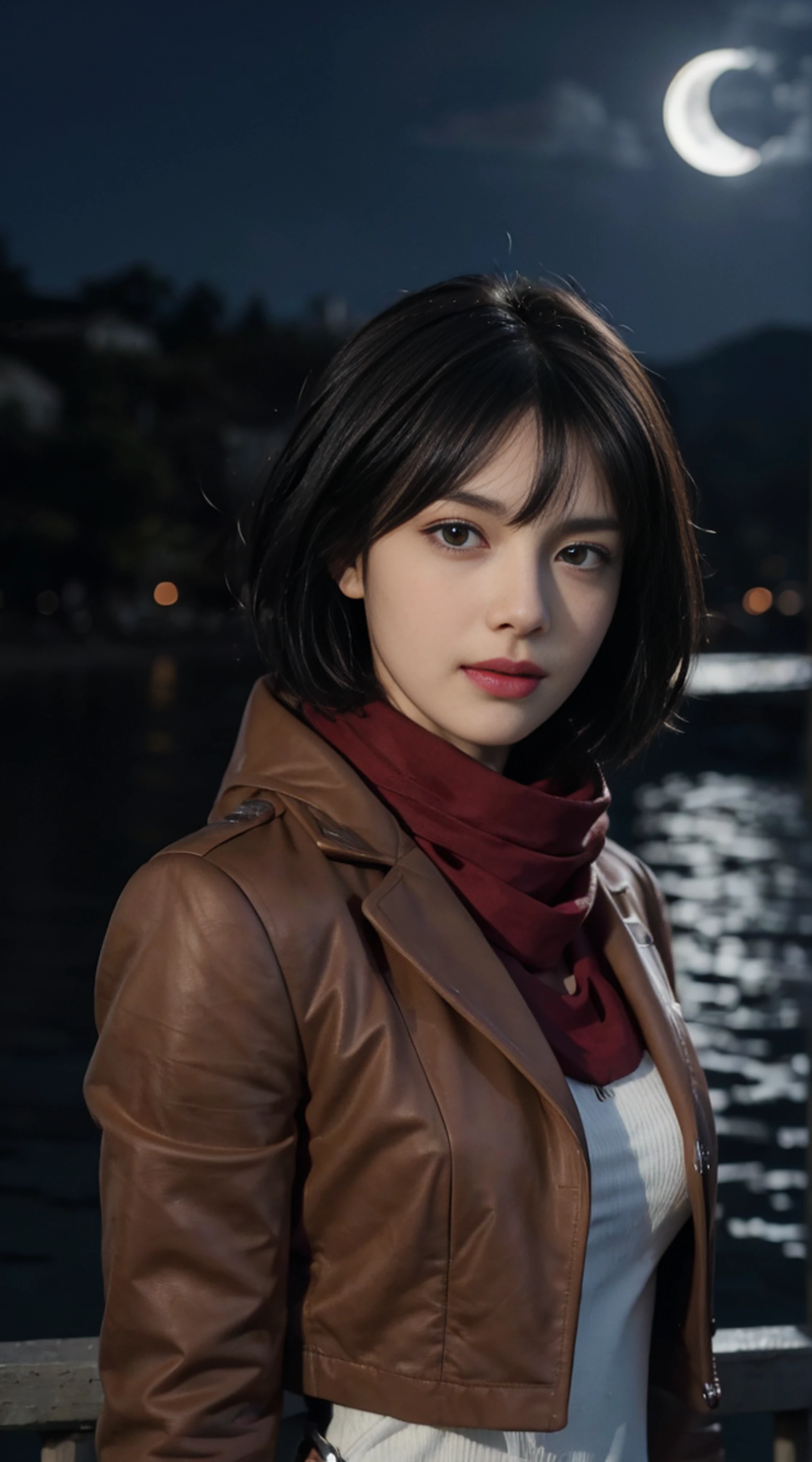 8K, Top Quality, Intricate Details, Ultra Detail, Ultra High Resolution, Masterpiece, random angle, mikasa ackerman,   Slender, Smile, (Makeup: 0.4), (Fluffy Blue Eyes: 1.21), blue Eyes,, ((full body)), 1girl, solo, 1 girl, (( full body)),  close-up shot,  , , ((tall)), (((fit body))), (((slim face))), sharp face, sharp eyes, (((black hair,  short hair, bangs ))  ,(detailed face), sharp face, small lips, thin lips, 
 ((red scarf, thigh strap,  brown jacket)),  detailed face, detailed ??????, , large ??????, detail, , Beautiful girl with accentuated slender abs: 1.4, Six Pack Abs: 1.4, Bust Botox, Big, Perfect Body, detail leg, (( moonlight)), ocean