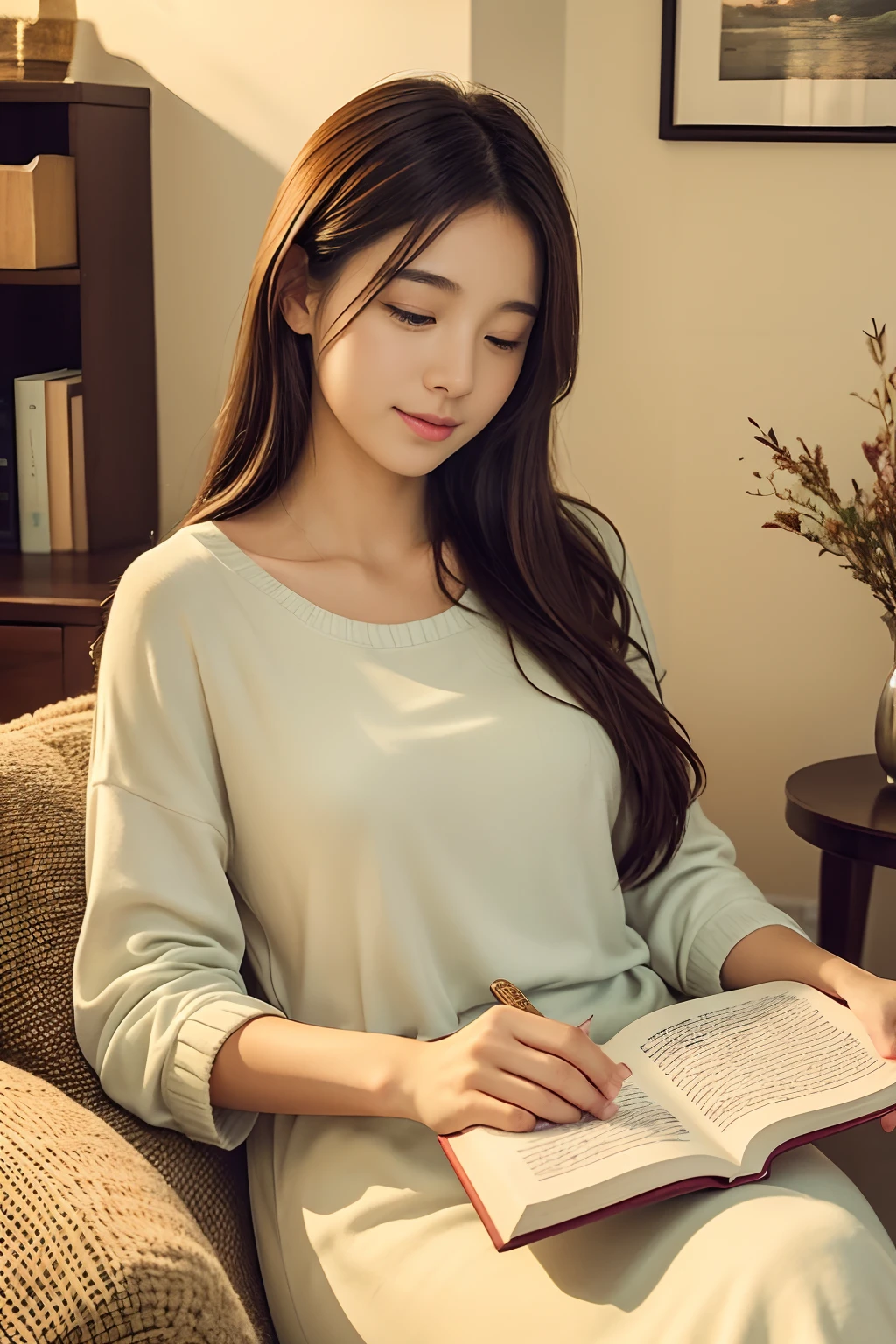 A girl in a peaceful, carefree and relaxed atmosphere, surrounded by a warm and heartwarming environment. She is enjoying the simple pleasures of life, such as reading a book or sipping a cup of tea. The scene is depicted in a soft and soothing art style, resembling a gentle illustration or a serene oil painting. The image quality is of the highest caliber, with ultra-detailed elements and a realistic and photorealistic touch. The colors are vivid and rich, exuding a sense of tranquility and contentment. The lighting is gentle and warm, casting a gentle glow over the scene, creating a cozy and inviting ambiance.