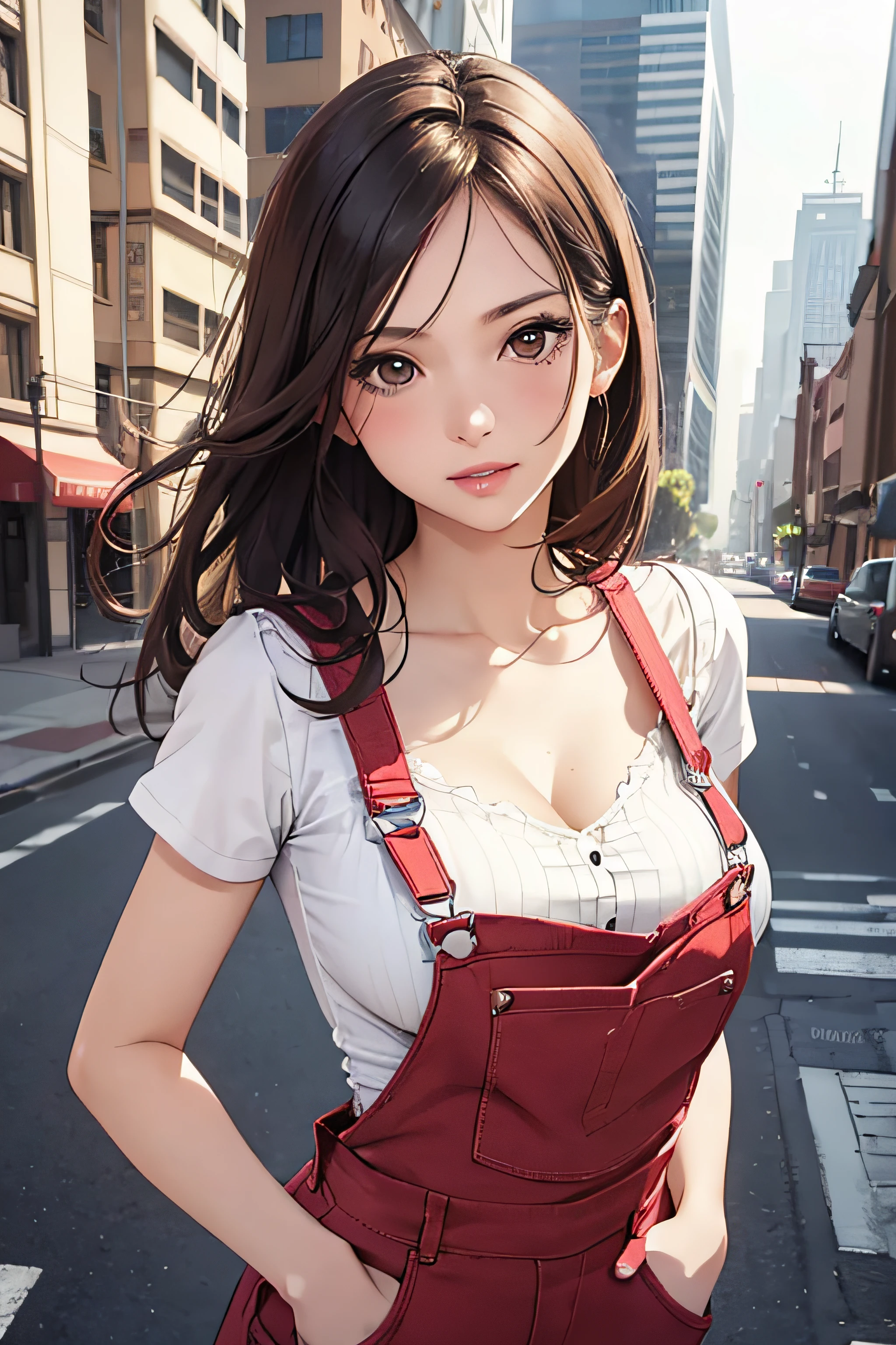 girl in spring clothes, shirt, blouse, (red tight overalls short), medium breasts, cleavage, cityscape, flirtatious look, ((very detailed)), (perfectly detailed face), (well detailed hand) photorealistic image.