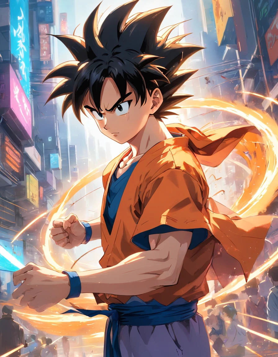 son goku, Powerful Saiyans have extreme talent, Traditional kung fu clothing, Details of the face and body should be restored,And add cyberpunk all over the body, liberta, seele, Digital illustration, Manhwa Style, Cyberpunk, Perfect anatomy, centre, nearing perfection, Dynamic, highly detailed, complex, Intricate, art stations, concept-art, lisses, foco nítido, illustratio, Art by Carne Griffiths and Wadim Kashin, only one, Awarded, tmasterpiece