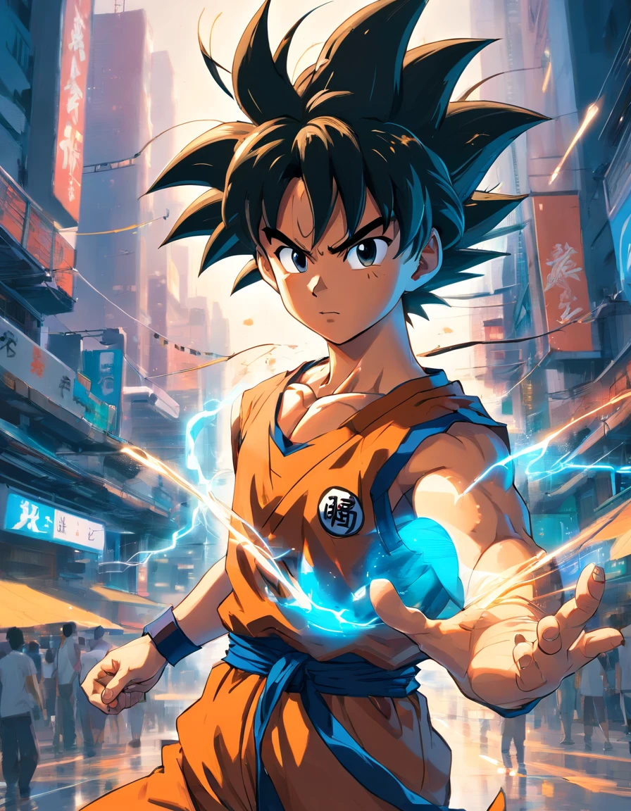 son goku, Powerful Saiyans have extreme talent, Traditional kung fu clothing， Details of the face and body should be restored，And add cyberpunk all over the body, liberta, seele, Digital illustration, Manhwa Style, Cyberpunk, Perfect anatomy, centre, nearing perfection, Dynamic, highly  detailed, complex, Intricate, art  stations, concept-art, lisses, foco nítido, illustratio, Art by Carne Griffiths and Wadim Kashin, only one, Awarded, tmasterpiece