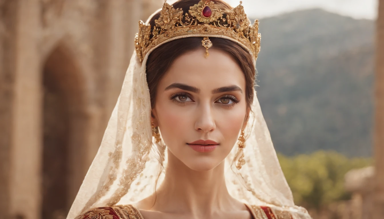 (best quality,ultra-realistic:1.2),highres,ultra-detailed,portrait,King Solomon's Wife,city background,beautiful detailed eyes,beautiful detailed lips,folklore,strong personality,noble attire,standing confidently,bright lighting,vivid colors,sculptured-like skin,fine jewelry,historical setting,peaceful yet powerful demeanor,crimson and gold color scheme,natural makeup,glowing complexion,ornate crown,royal and elegant presence,serene expression,enhanced facial features,flowing luxurious hair.