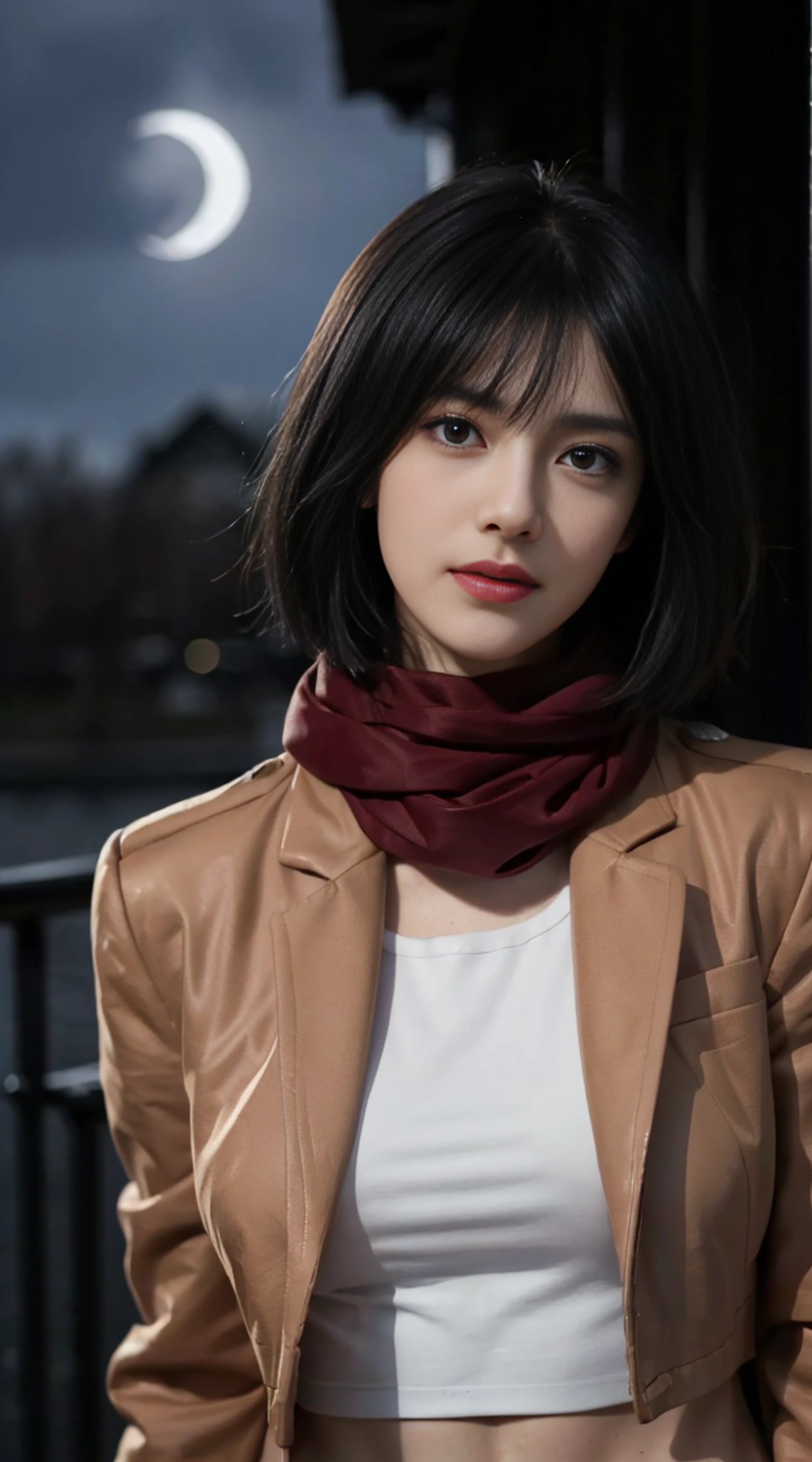 8K, Top Quality, Intricate Details, Ultra Detail, Ultra High Resolution, Masterpiece, random angle, mikasa ackerman, Slender, Smile, (Makeup: 0.4), (Fluffy Blue Eyes: 1.21), blue Eyes,, ((full body)), 1girl, solo, 1 girl, (( full body)), close-up shot, , , ((tall)), (((fit body))), (((slim face))), sharp face, sharp eyes, (((black hair, short hair, bangs )) ,(detailed face), sharp face, small lips, thin lips,
((red scarf, thigh strap, brown jacket)), detailed face, detailed breast, , large breast, detail, , Beautiful girl with accentuated slender abs: 1.4, Six Pack Abs: 1.4, Bust Botox, Big, Perfect Body, detail leg, (( moonlight)), ocean