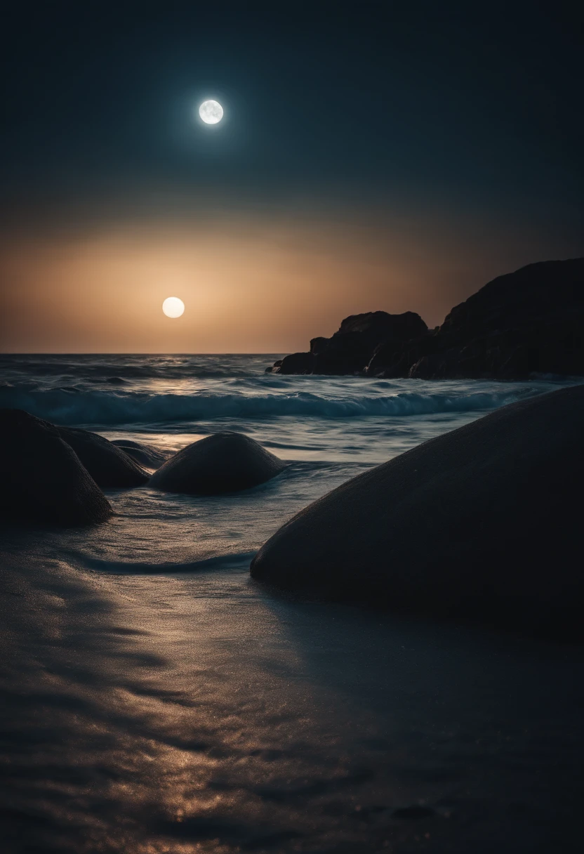 on the edge of the beach, the sea waves on a full moon night and starry sky