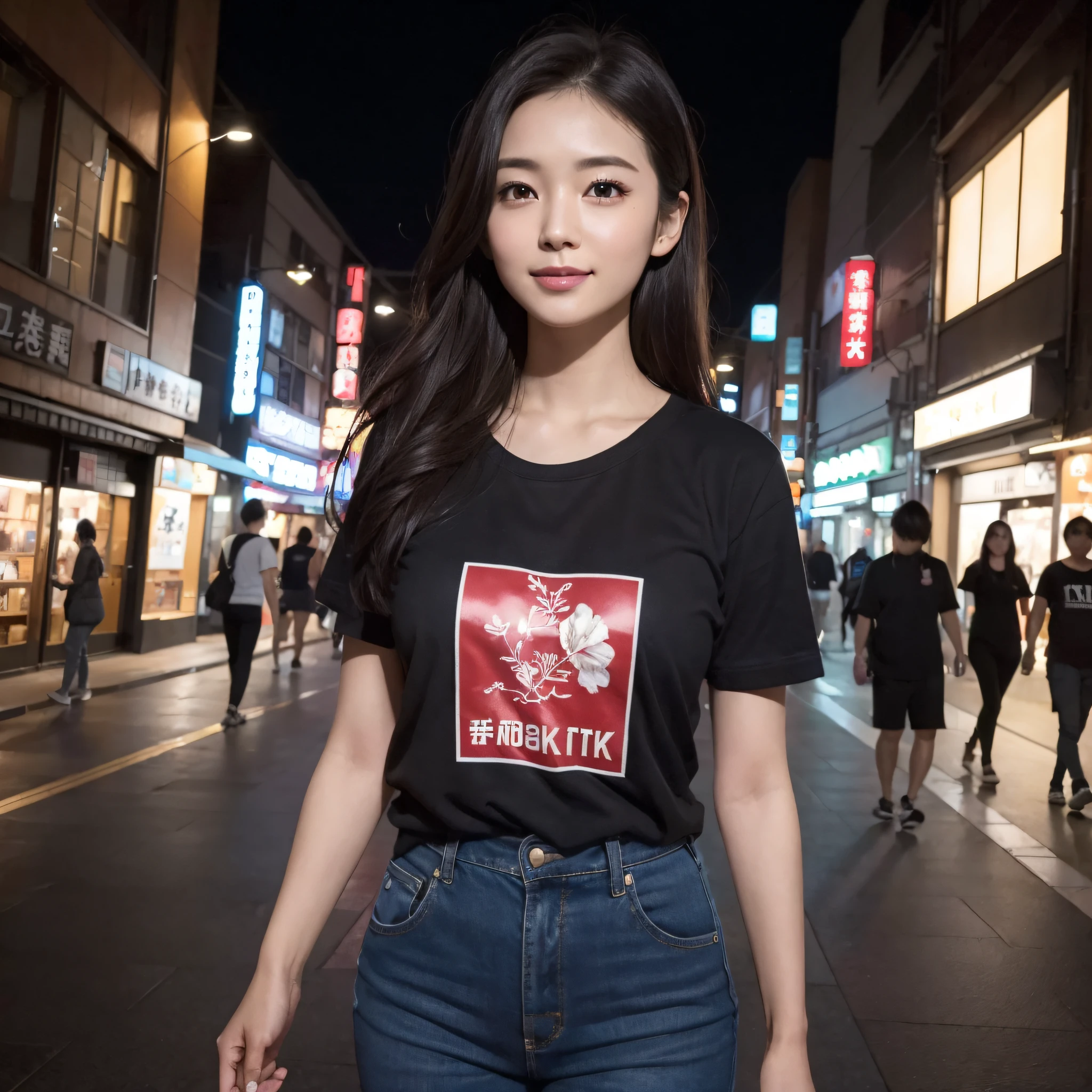One beauty、((best qualtiy、8k masterpieces:1.3))、foco nítido:1.2、(ultra beautiful faces:1.0)、(shinny skin:1.0)、photos realistic、A dark-haired、Video Lighting、High-definition eyes and face、Video Lighting、25-year-old Japan actress、from the front side、medium breasts、Smile、Slender Abs Beauty、Whole body、Wearing a Japan T-shirt、In the downtown area at night