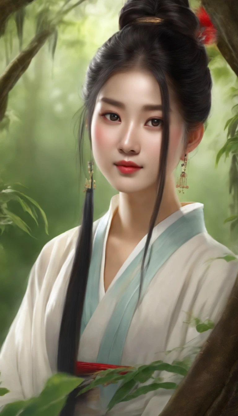A young Taoist girl,Chinese young girl,with long hair in takes,There is a bun on the top of the head,Melon seed face,largeeyes,tall nose bridge,the corners of your mouth rise slightly,She wears a white robe,Sit on a large mossy rock,In the background is a bamboo forest