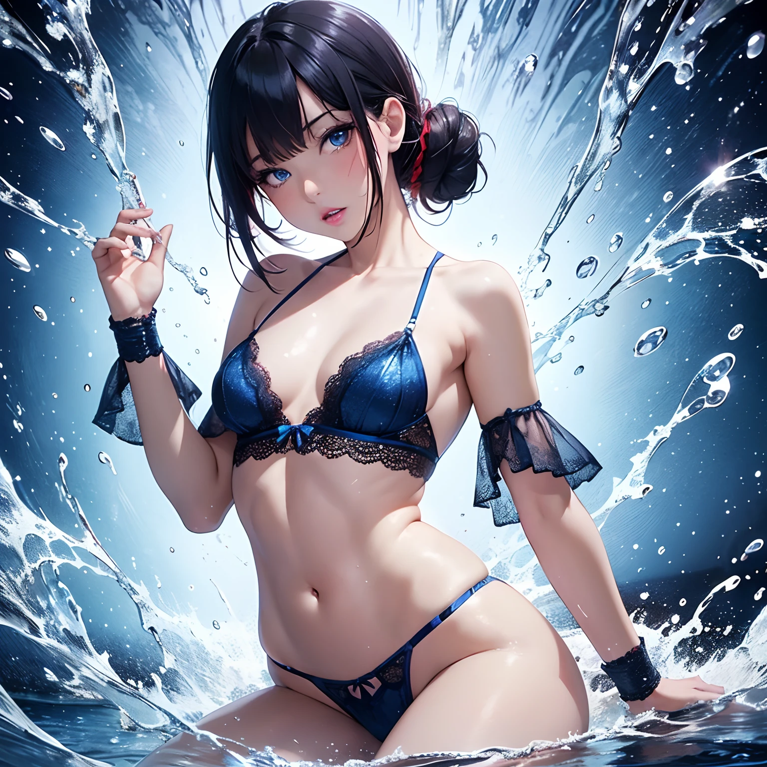 solo, finest image, woman, girl, sexy, beautiful, cute, amorous expression, lewd expression, ecstasy, orgasm, glossy braided bangs short single bun hair, blue sparkling big eyes, red alluring moist lips, (flat chest:1.4), abs, ass, slender, long thin legs, lace see-through lingerie, background splash water, professional lighting