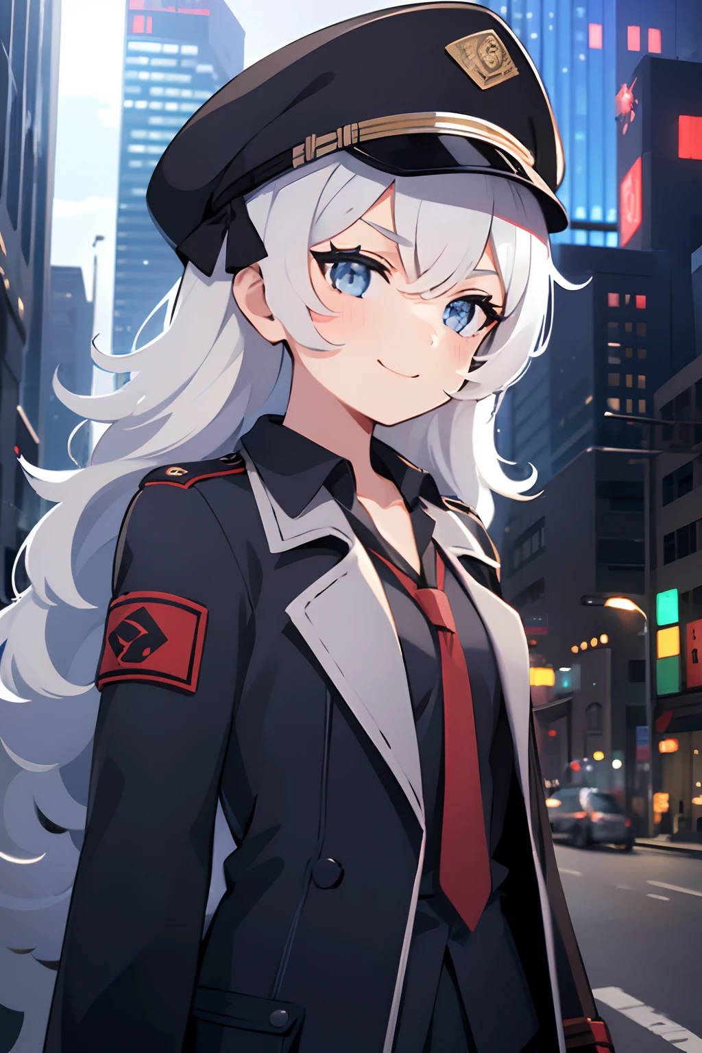 1girl, small body, white hair, blue eyes, smug smile, black trench-coat, military clothing, urban background, cyberpunk, futuristic, sci-fi