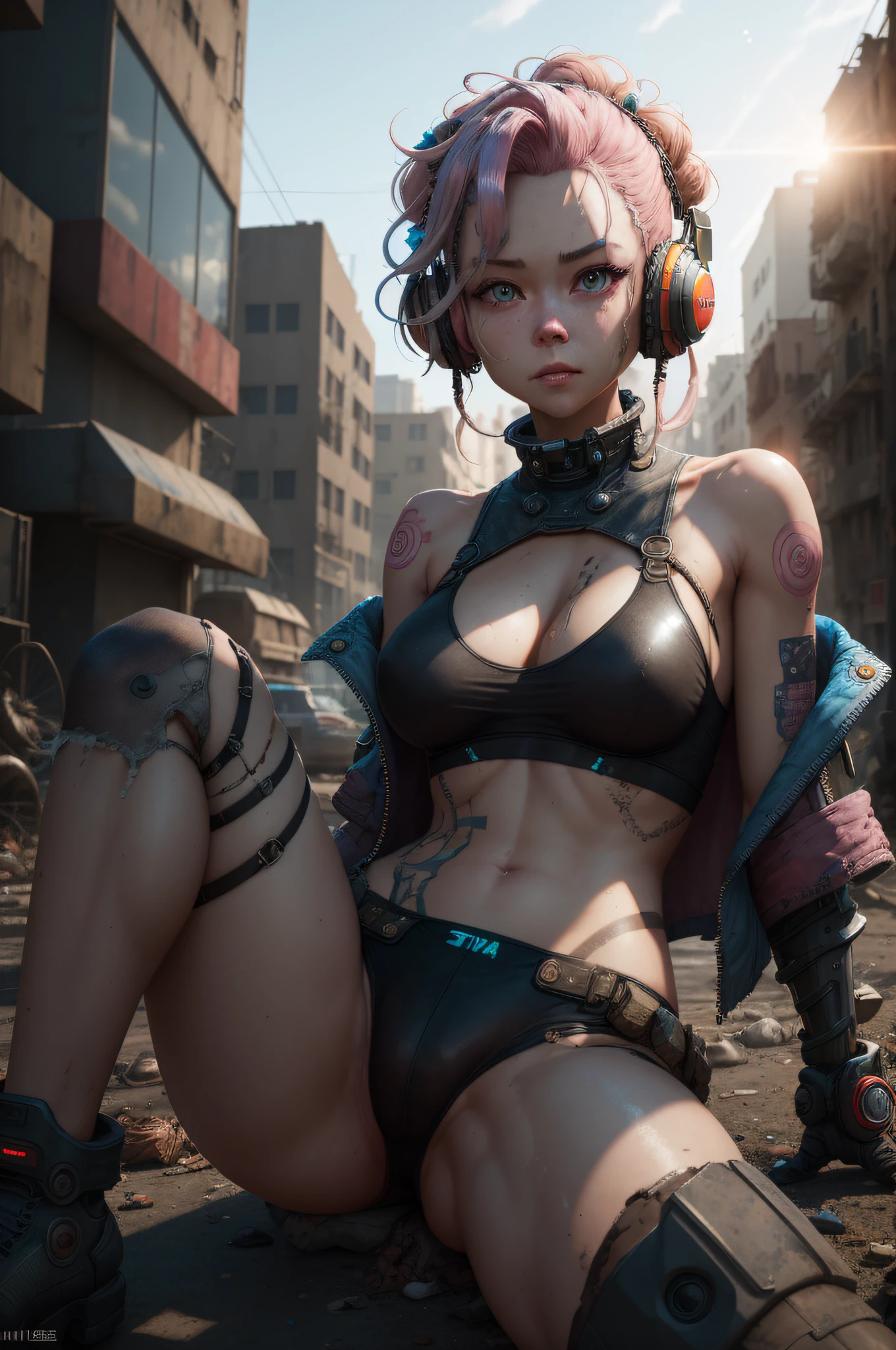 （A masterpiece of ultra-refined quality，Hyper-realistic，CG 、 8K，RAW photos），（cyber punk style：1.3，Wasteland:1.11），（cinematic lighitnglamplight，Best quality backlight，Ray traching），（Clear lines and focus，depth of fields，largeaperture）Detailed face,（（Playful girl girl sitting on modified jeep roof front audience，Has a natural wavy updo，eBlue eyes、Pink hair [1.1]and headphones ，with a round face、Delicate facial features and body structure）、The skin is a PBR texture material，（Sagging breasts：1.1）、Chest cutout，exposed bare shoulders、Transparent vest，dark areolas，Modify the robotic arm，arm tattoos），The background is the ruined streets of the city），美丽细致的眼睛，Ripped leather jacket underwear：1.2，Waste soil style）（HDR（HighDynamicRange）），Blender、c4d，dribbble、behance、Octane render rendering、arnold rendering，Unreal Five，ue4，sub surface scattering， PBR textures