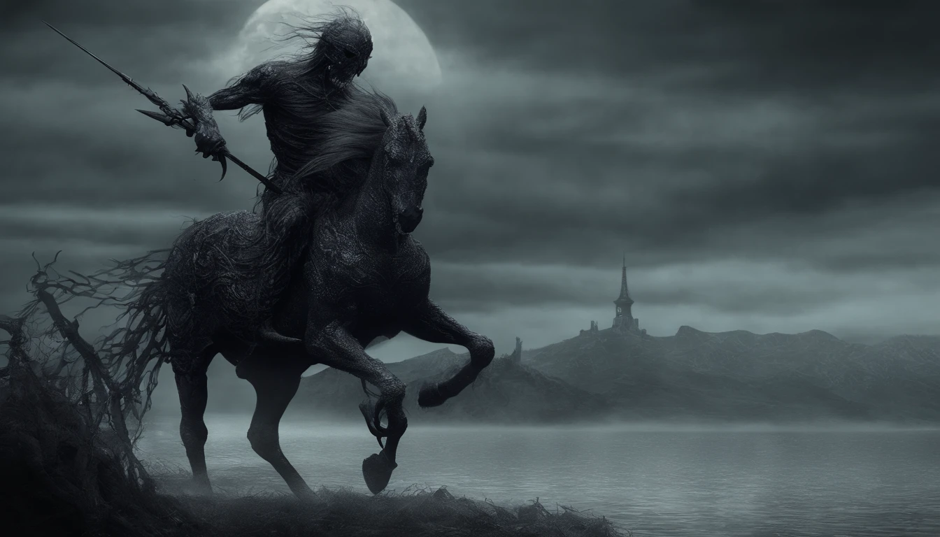 undead riding a black unicorn, Dark palette and flexographic ink, Dark paradise landscape background, ter uma espada ornamento, Light black and blue reversible cover, fluid-metal-lobe, cabelo de bob em camadas, cabelo cinza, atmosfera de fantasia sombria, Cinematic lighting, intrincada textura de fantasia escura, extremely high quality, high resolution, 8k, Pintura detalhada e fina, topaz,Diamante, esmeralda, Valente e ousado,