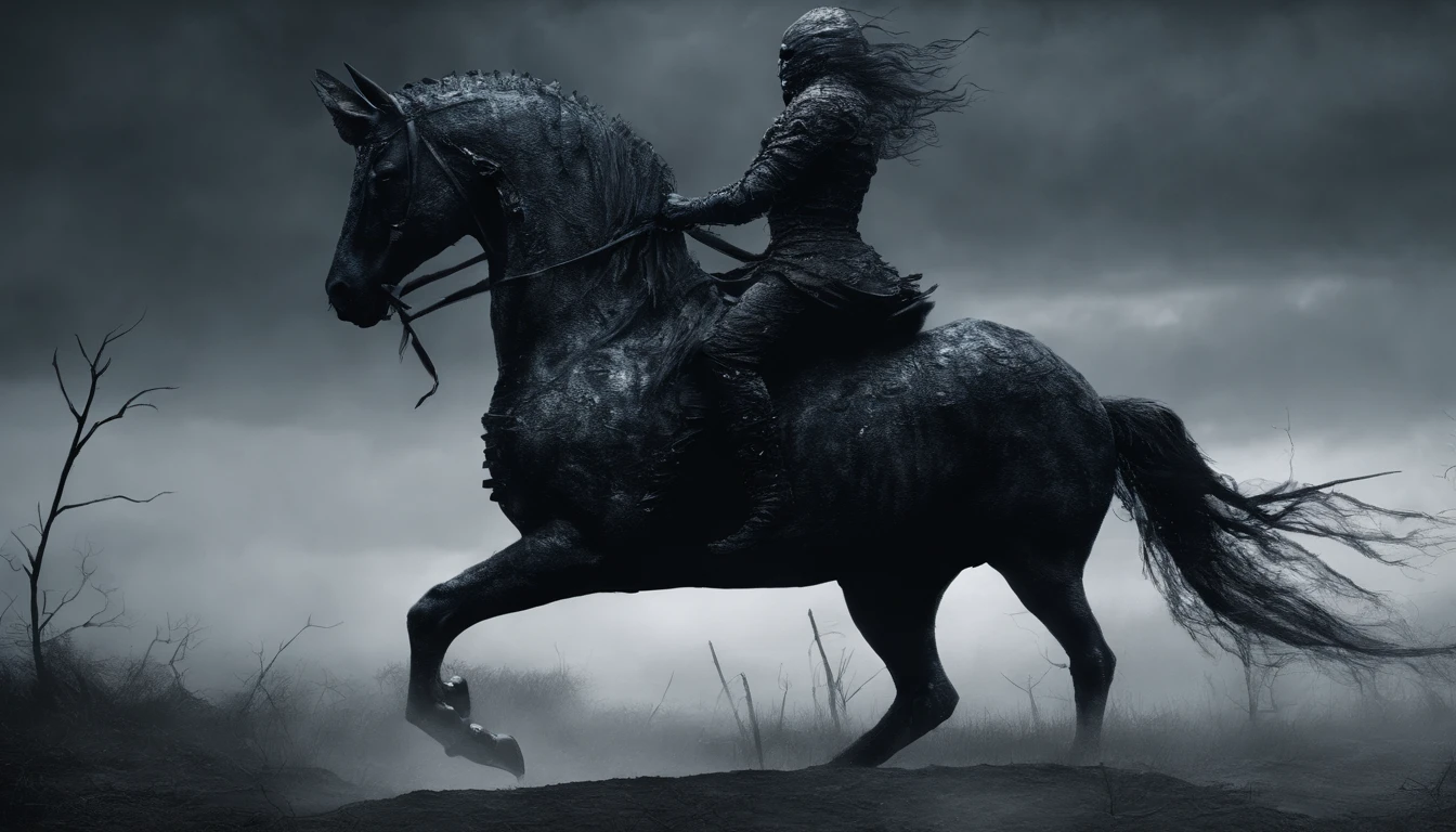 undead riding a black unicorn, Dark palette and flexographic ink, Dark paradise landscape background, ter uma espada ornamento, Light black and blue reversible cover, fluid-metal-lobe, cabelo de bob em camadas, cabelo cinza, atmosfera de fantasia sombria, Cinematic lighting, intrincada textura de fantasia escura, extremely high quality, high resolution, 8k, Pintura detalhada e fina, topaz,Diamante, esmeralda, Valente e ousado,