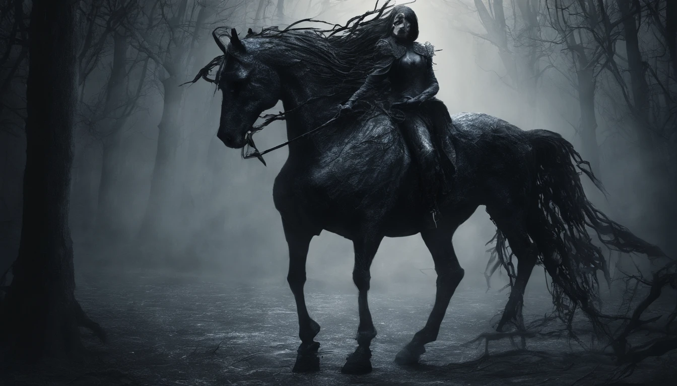 undead riding a black unicorn, Dark palette and flexographic ink, Dark paradise landscape background, ter uma espada ornamento, Light black and blue reversible cover, fluid-metal-lobe, cabelo de bob em camadas, cabelo cinza, atmosfera de fantasia sombria, Cinematic lighting, intrincada textura de fantasia escura, extremely high quality, high resolution, 8k, Pintura detalhada e fina, topaz,Diamante, esmeralda, Valente e ousado,
