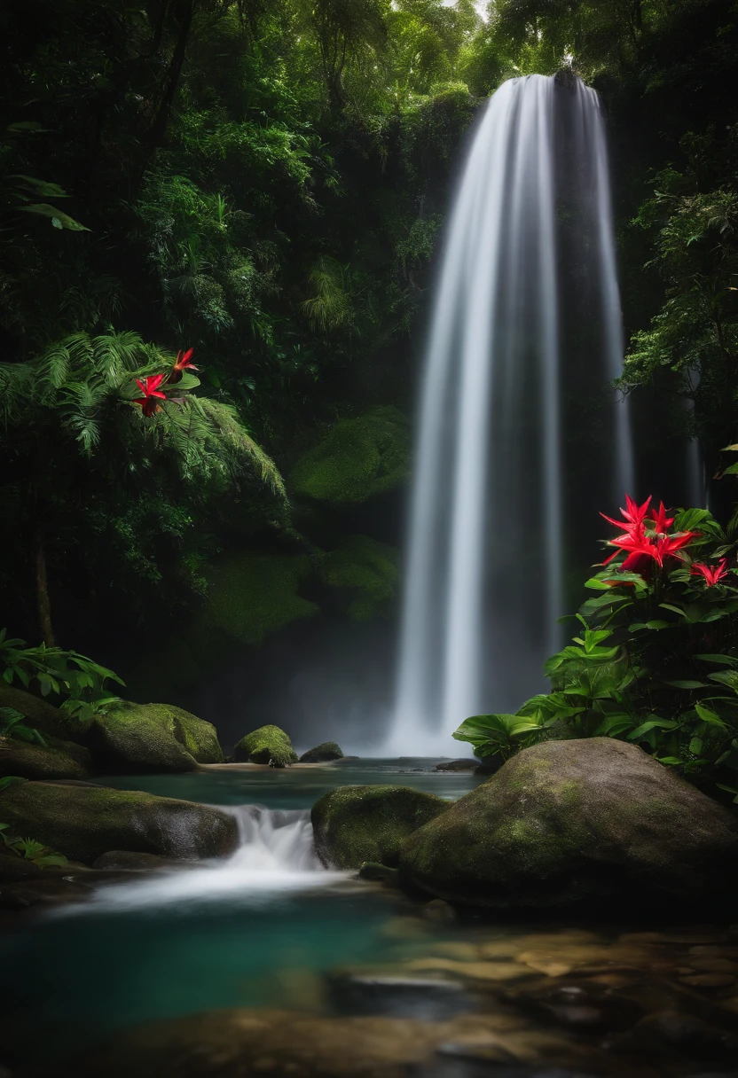 a waterfall in the middle of a lush tropical forest with wild birds and lots of flowers