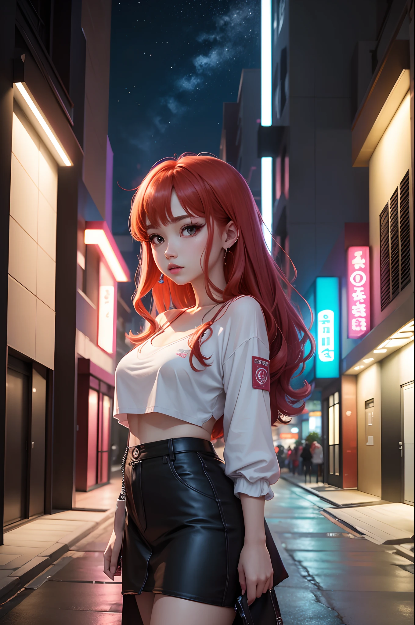 a red-haired woman in front of a building, night core, Bralette, Pokimane, Inspirado em anime, quase mostrando os peito, menina em uma loja de discos, Yanjun Chengt, 19-year-old girl, Heonhwa Choe, Inspirado em Jeonseok Lee, futurista, RGB cores.
