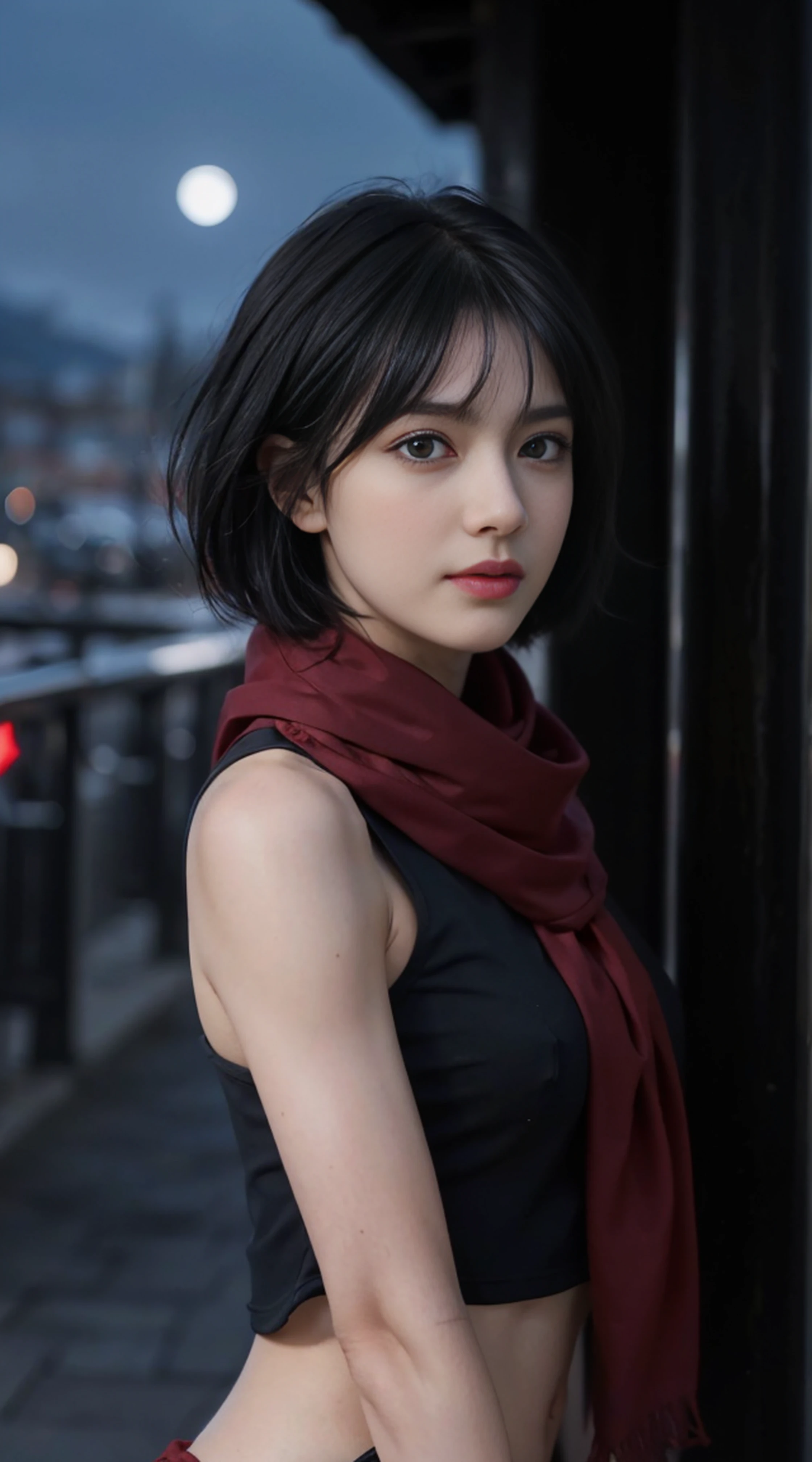 8K, Top Quality, Intricate Details, Ultra Detail, Ultra High Resolution, Masterpiece, random angle, mikasa ackerman, Slender, Smile, (Makeup: 0.4), (Fluffy Blue Eyes: 1.21), blue Eyes,, ((full body)), 1girl, solo, 1 girl, (( full body)), close-up shot, , , ((tall)), (((fit body))), (((slim face))), sharp face, sharp eyes, (((black hair, short hair, bangs )) ,(detailed face), sharp face, small lips, thin lips,
((red scarf, thigh strap, mini skirt)), detailed face, detailed breast, , large breast, detail, , Beautiful girl with accentuated slender abs: 1.4, Six Pack Abs: 1.4, Bust Botox, Big, Perfect Body, detail leg, (( moonlight)), ocean