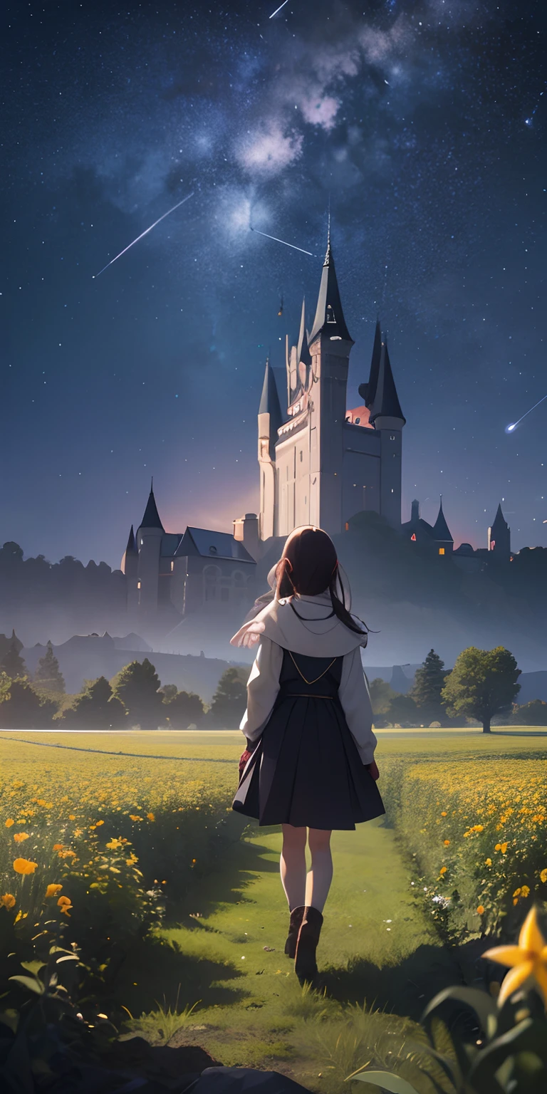 Vast landscape photos、Girl standing on the prairie looking up at the sky、shooting stars、Castles in medieval Europe