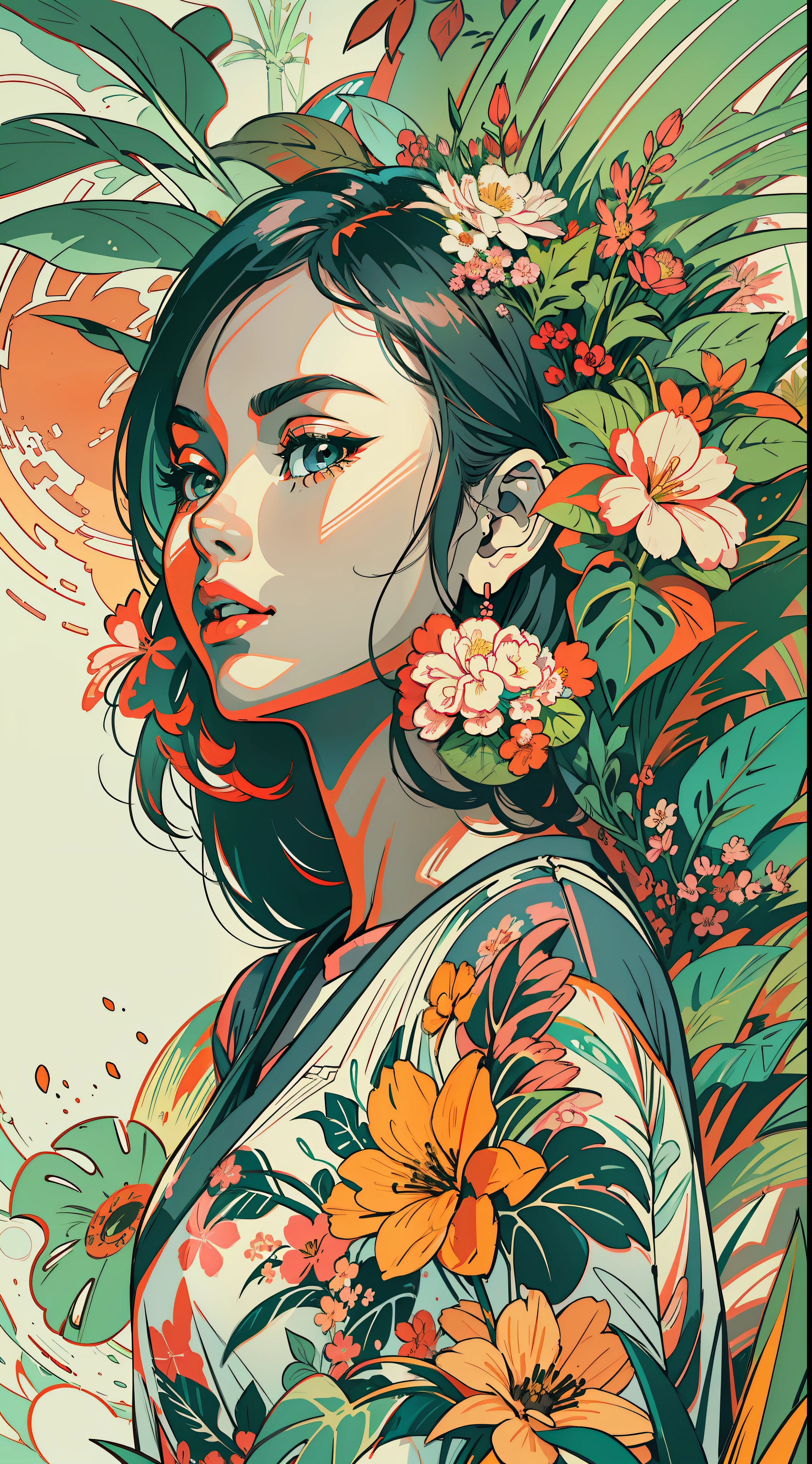 Create a digital art work in pop art style, featureing a vibrant and confident asian young girl with street fashion, cinematic color scheme, surrounded by vintage flowers patterns, energtic brushstrokes,the mood should be dynamic, upper body, drawing, illustration, grayscale, tropical, many flowers,
