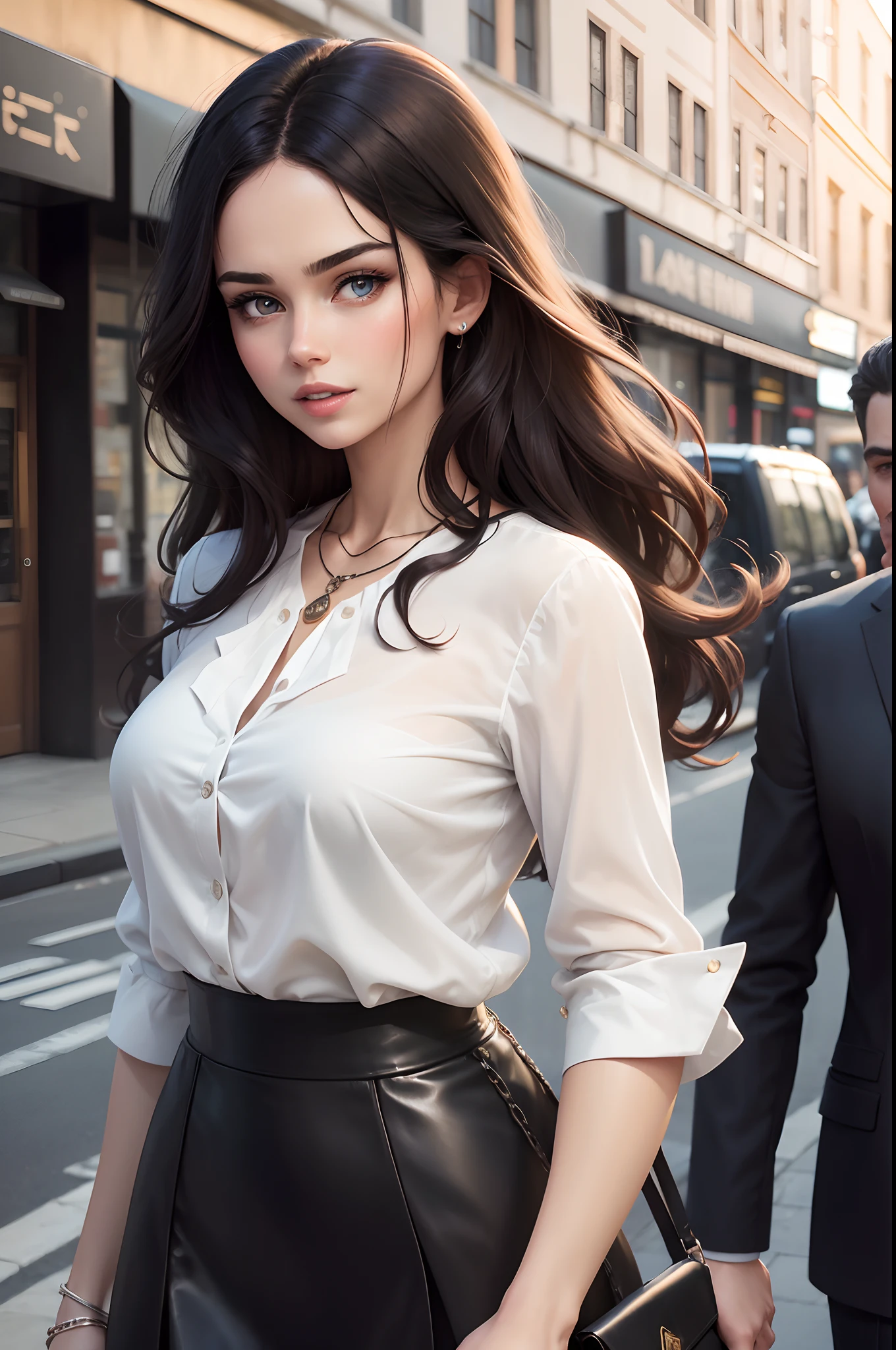 (Best quality, High resolution, Masterpiece :1.3), A tall and pretty woman, Slender abs, Short dark brown hair, Breasts, White button up silk shirt, Belt, Miniskirt, (Modern architecture in background), Details exquisitely rendered in the face and skin texture, Detailed eyes, Double eyelid