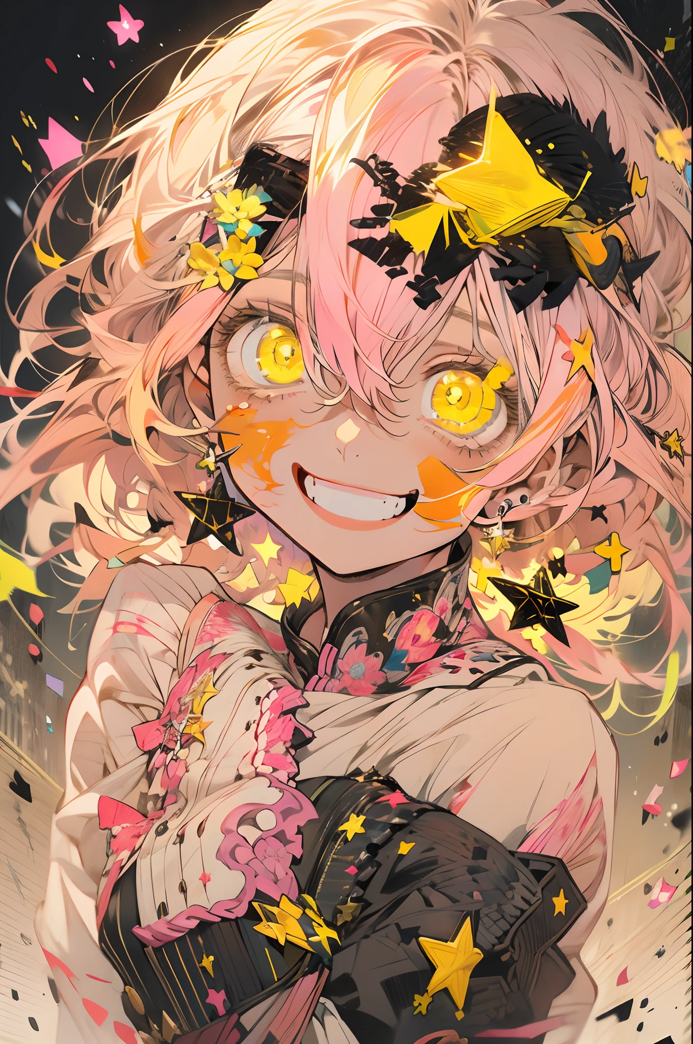 original character , 1girl, (crazy smile:1.2) ,  blonde hair , bangs , crazy eyes , hands on face , yellow blood splatter on face , yellow and black color scheme, open mouth, (wide-eyed:1.2), glowing eyes, left star shaped eye, star shaped eye,  pink eyes, pink eyes