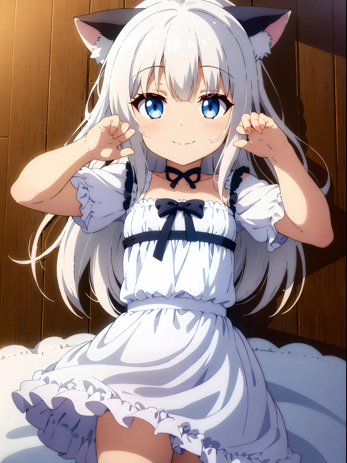 1girl, white dress, smile, (chibi), white on bed, cat ear, white hair, lying, on back,