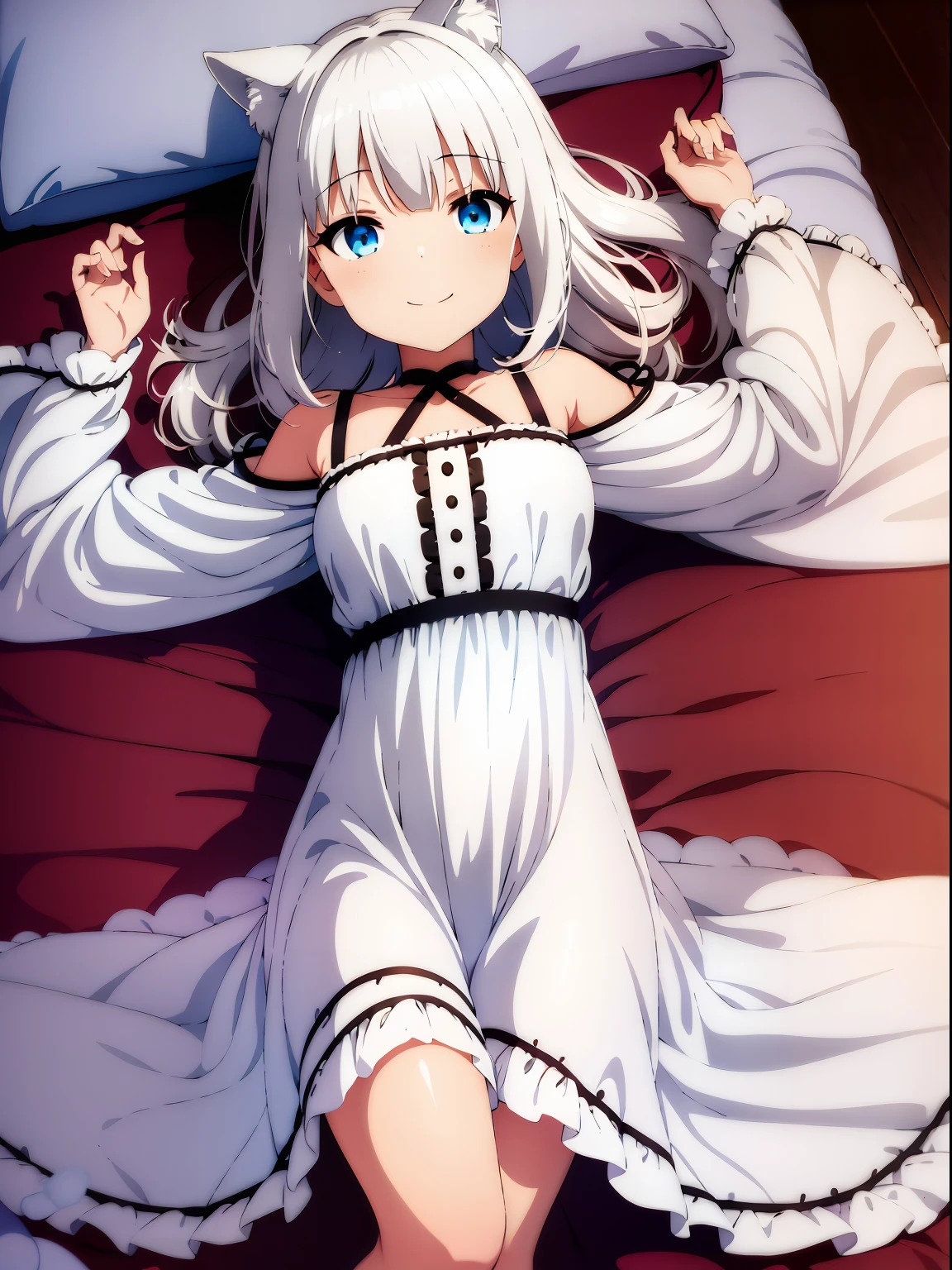 1girl, white dress, smile, (chibi), white on bed, cat ear, white hair, lying, on back,