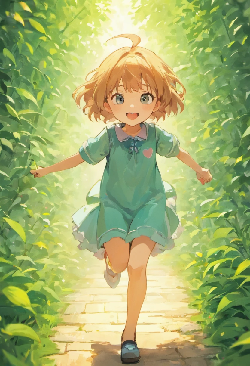 A 6-year-old girl is running in a garden, she is wearing gardener's clothes, is happy, laughing, perfect quality, clear focus (mess - house: 0.8), (masterpiece: 1.2) (Realistic: 1.2) (Bokeh) (Best quality) (Detailed Skin: 1.3) (Intricate Details) (8K) (Eye Detail) (Sharp Focus), (Happy)
