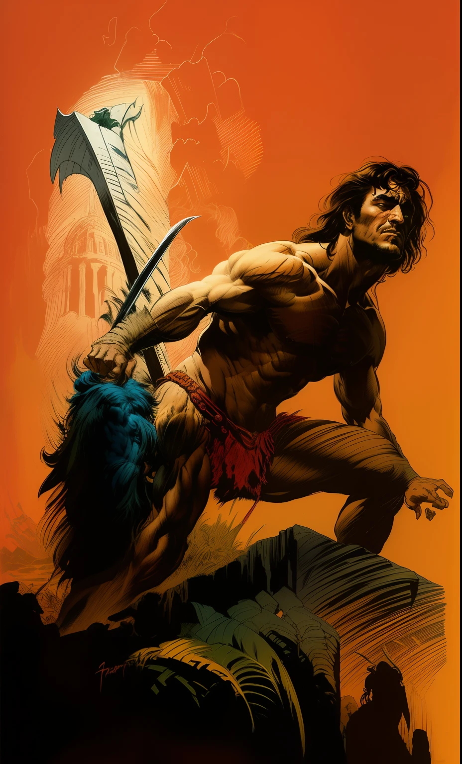 um desenho de um homem com uma faca e uma espada, frank frazetta manga style, Estilo de Bernie Wrightson, Marcos Brooks Frank Frazetta, Estilo Frank Frazetta, inspirado em Bernie Wrightson, Neal Adams | retrato, Illustration by Conan, the Barbarian, inspirado em Neal Adams, Estilo de Frank Frazetta, inspirado em Frank Frazetta, franco frazetta8k