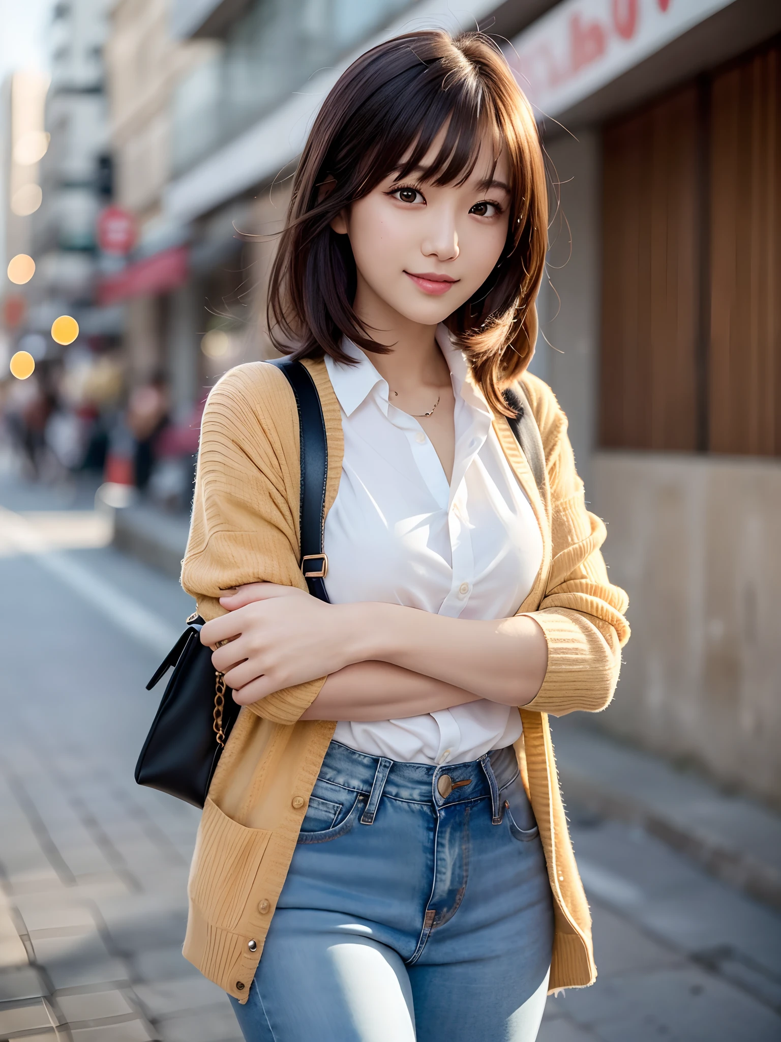 product quality, 1 girl, cowboy shot, front view, a Japanese young pretty girl, long bob hair, wearing a marriage ring, standing with a big smile on a pier by the see in the city, wearing a long length light yellow cardigan over a satin silk white shirt with collared, wearing light brown long jeans, a shoulder bag, hyper cute face, glossy lips, double eyelids for both eyes, natural makeup, shiny smooth light brown hair of long bob hair, asymmetrical bangs, tanned skin, high resolution, high detail, detailed hairstyle, detailed face, cinematic lighting, octane rendering, hyper realistic, perfect limbs, perfect anatomy