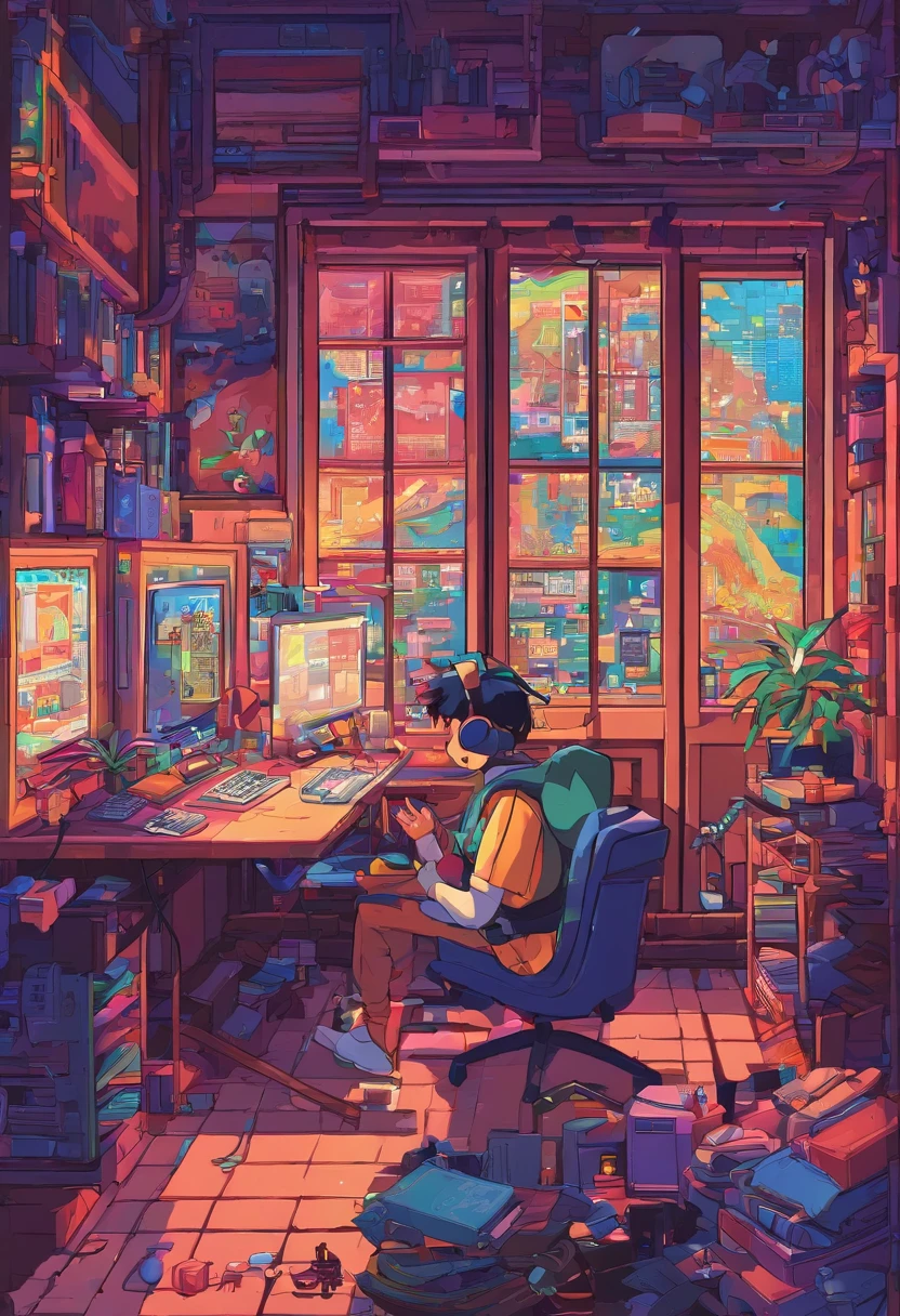 (Zero), Boys studying in her room, Reading a book, Wear headphones, , Night lights, Neon landscape on a rainy day,Simulates a color theme, Lo-fi hip-hop , retrospective, flat, 2.5D ,line drawn, Ink drawing, Large slope, Watercolor painting, Gush color, Studio Ghibli Style, Awesome colorful, Outer tons, synthetic wave, Lofi art,90s style,Old textures, amplitude,90s atmosphere, masutepiece, Huge technology