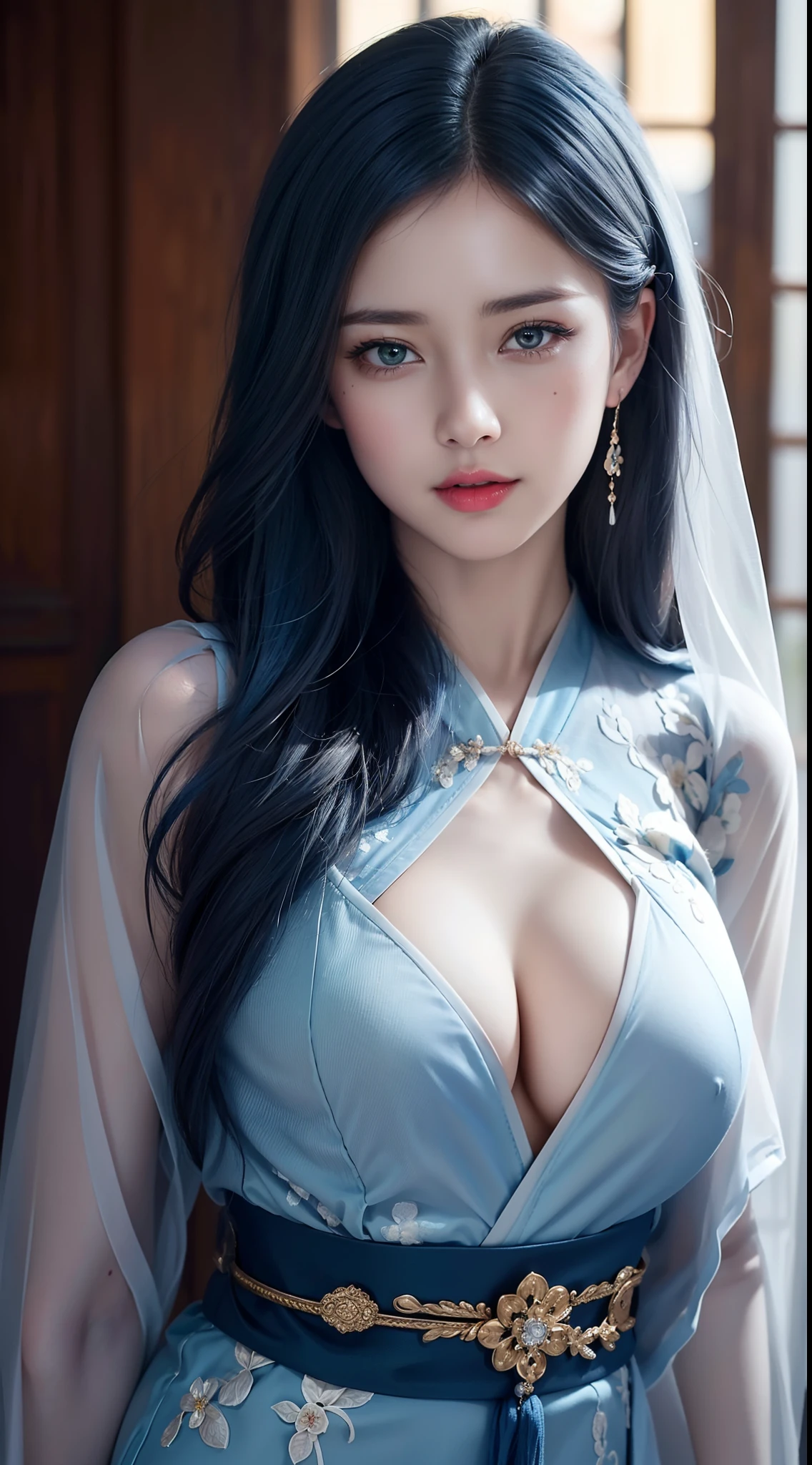 (Hyperrealistic), (illustration), (high resolution), (8K), (Extremely detailed), (Best Illustration), (Beautiful detailed eyes), (Best quality), (Ultra-detailed), (Masterpiece), (the wallpaper), (Photorealistic), (Natural light), (rim lit), (Detailed face), (Highly detailed realistic skin textures), (Anatomically correct), (Solo), (1 girl), (high detailed realistic hair), (Blue hair:1.2), spiked hair, (Heterochromic eyes), (detailed green eyes), (Small moles under the eyes), (Realistic big breasts:1.5), (Exposed breasts:1.3), (Long legs), (Slender abs), (Dynamic pose), (Closed mouth:1.3), (traditional Hanfu attire), (Sheer clothes:1.5), NSFW,(ciudad Tokio:1.4)