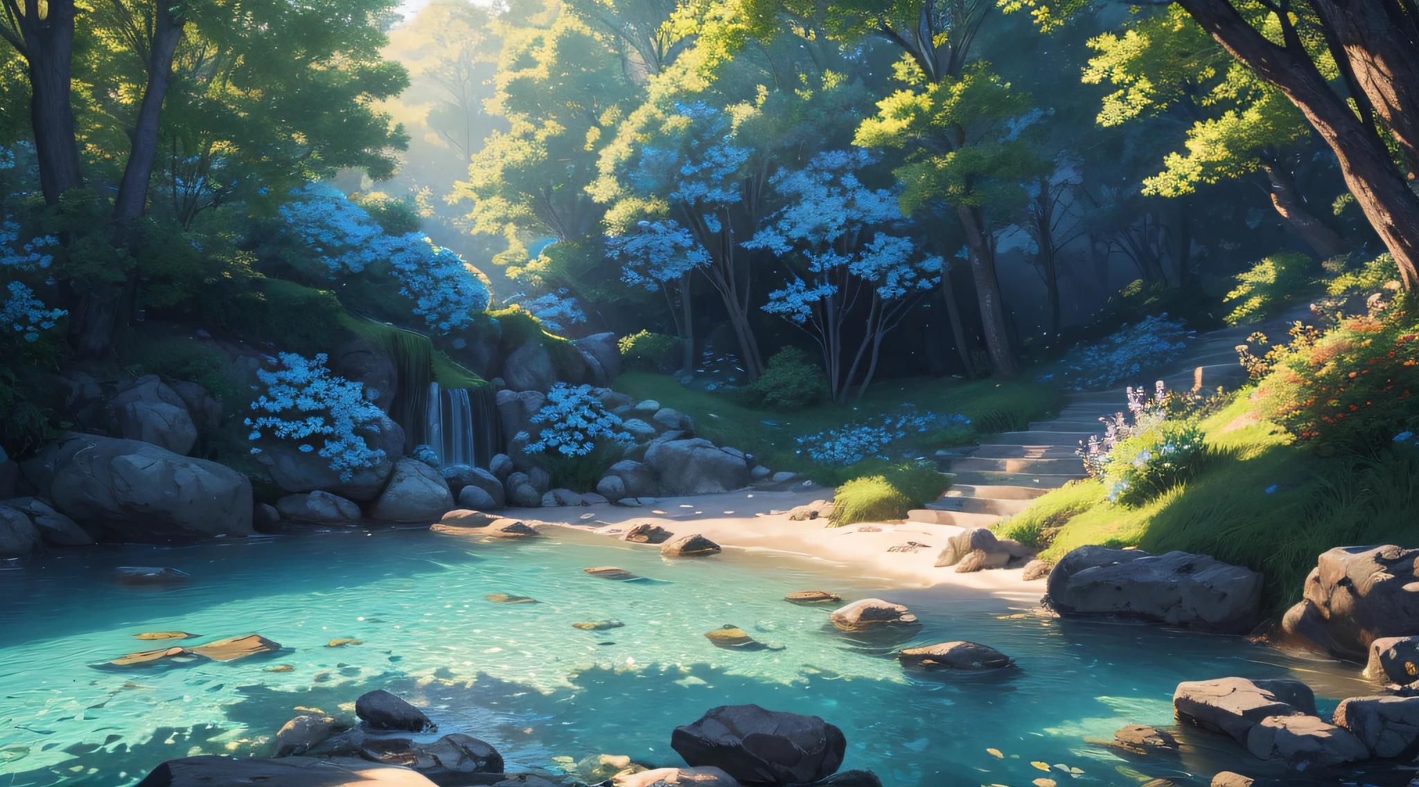 Masterpiece, best quality, (very detailed CG unity 8k wallpaper) (best quality), (best illustration), (best shadows) Nature', blue sea,delicate leaves petals of various colors falling in the air light Tracking, super detailed