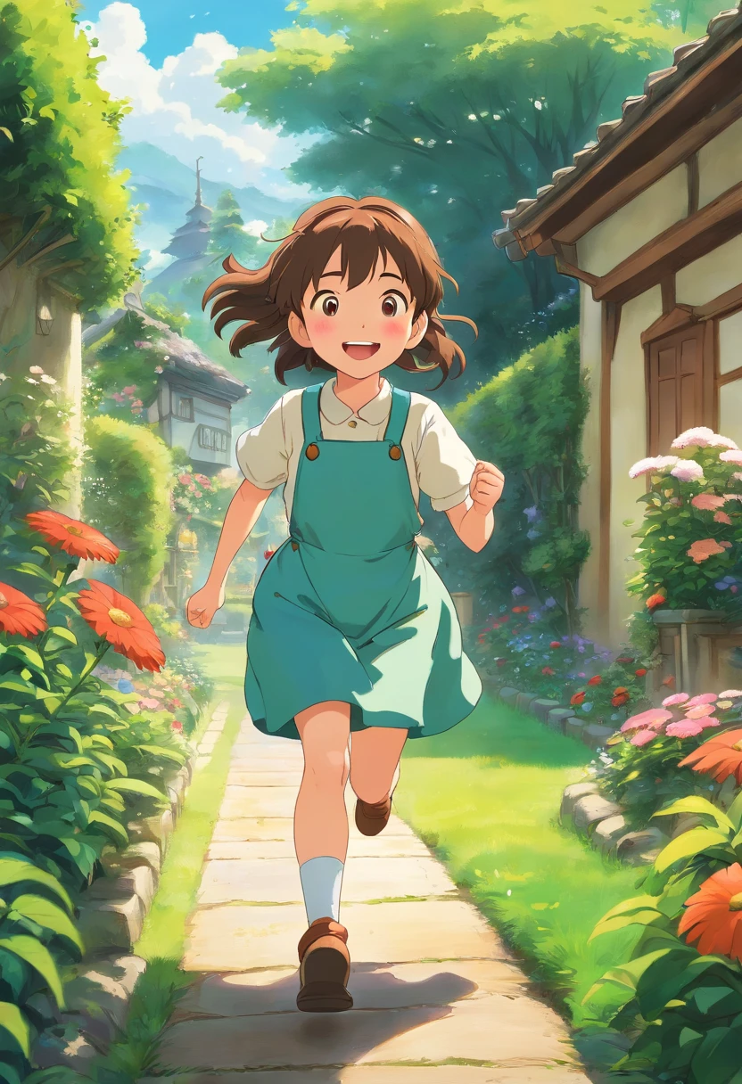 A 6-year-old girl is running in a garden, she is wearing gardener's clothes, is happy, laughing, perfect quality, clear focus (mess - house: 0.8), (masterpiece: 1.2) (Realistic: 1.2) (Bokeh) (Best quality) (Detailed Skin: 1.3) (Intricate Details) (8K) (Eye Detail) (Sharp Focus), (Happy)