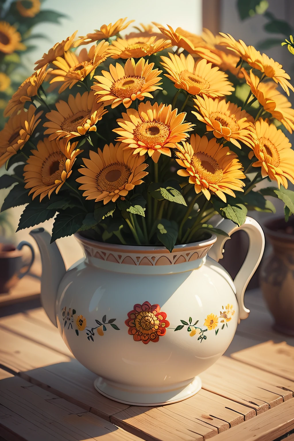 A pot of chrysanthemums，Chrysanthemums have yellow, orange，One of the largest yellow flowers is the tallest，In front of the chrysanthemum is placed a teacup，The sun rises from behind，rzminjourney，vector art，Perfect quality，crisp focus（clutter-hOME：0.8）， （Meisterwerk：1.2） （lifelike：1.2） （bokeh） （best quarity） （complexly detailed） （8K） （Detail Eyes）