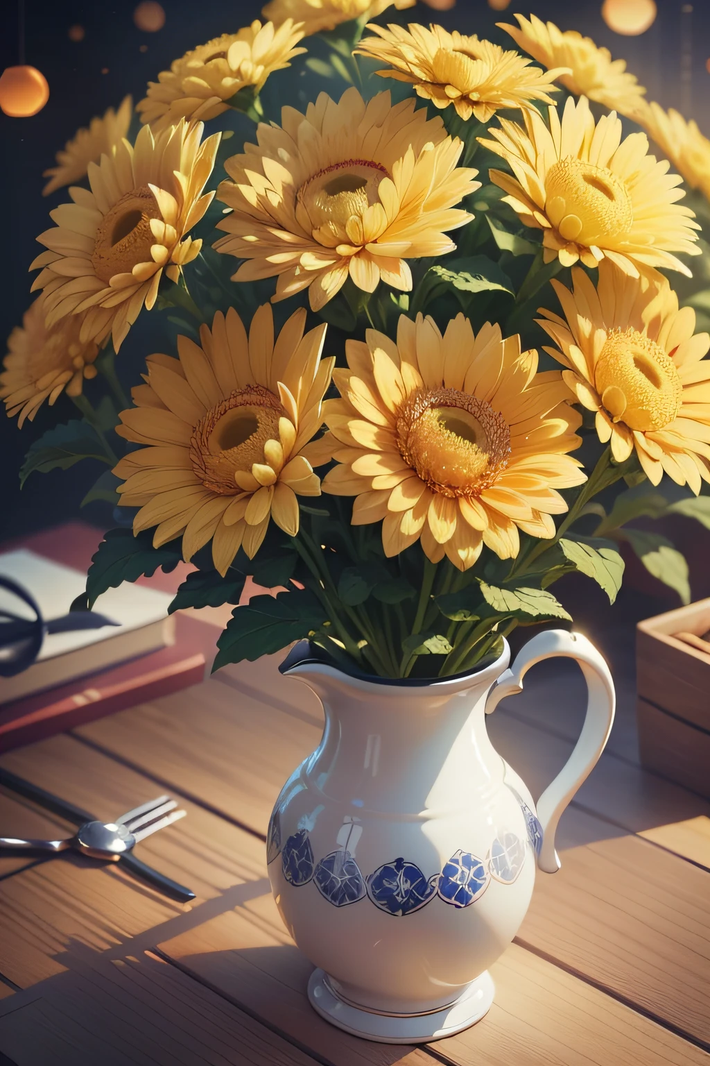 A pot of chrysanthemums,Chrysanthemums have yellow, orange,One of the largest yellow flowers is the tallest,In front of the chrysanthemum is placed a teacup,The sun rises from behind,rzminjourney,vector art,Perfect quality,crisp focus(clutter-hOME:0.8), (Meisterwerk:1.2) (lifelike:1.2) (bokeh) (best quarity) (complexly detailed) (8K) (Detail Eyes)