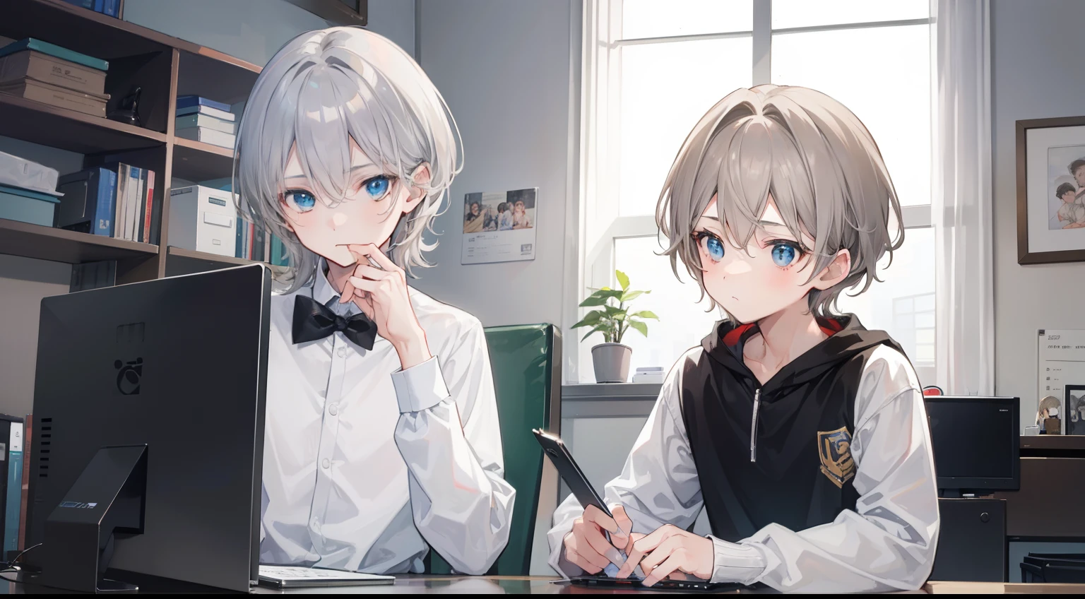 Two , Silver-haired boy and brown-haired boy,Boy's room、Looking at a computer、Boys Love、Talking、hight resolution、ultra-detailliert