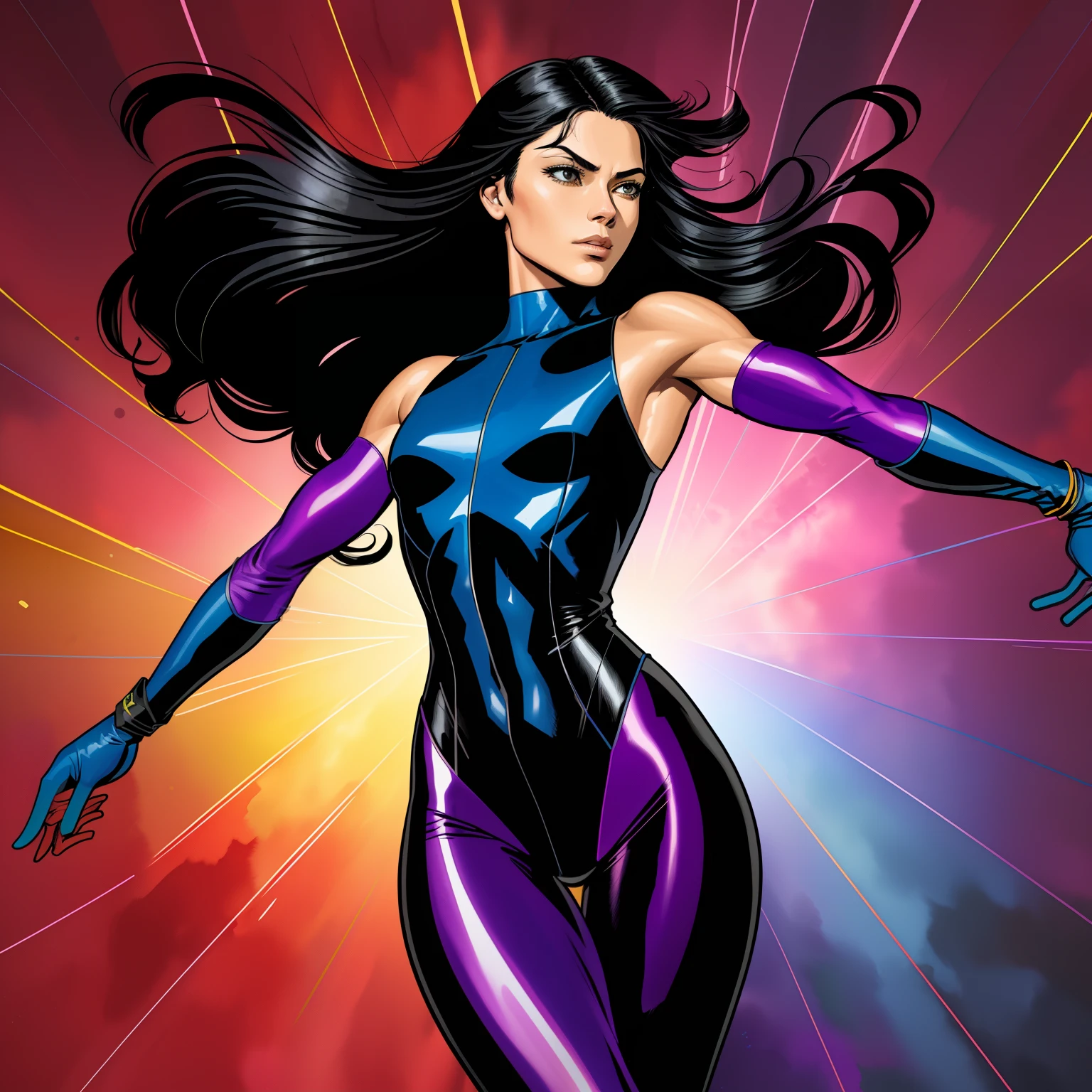 (comic style:1.3), (line art:1.5), (full body),(masterpiece, award winning, best quality:1.3), (flat color:1.3),(colorful:1.3), 1 girl ((solo)), floating in rainbow light, long black hair (side part), small breasts, , wearing violet spandex catsuit, left glove (red), right glove (blue), watercolor painting, art by Jim lee, cinematic, masterpiece, detailed material textures, serious, realistic 1.35, muscular 1.2