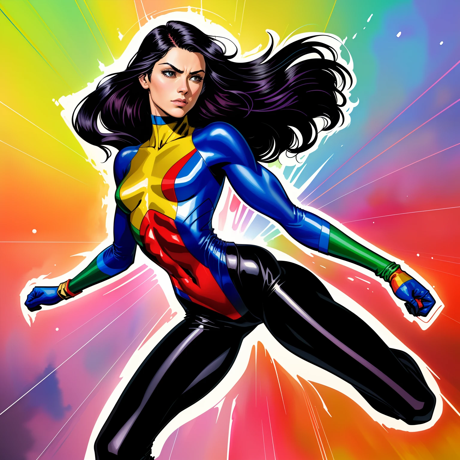 (comic style:1.3), (line art:1.5), (full body),(masterpiece, award winning, best quality:1.3), (flat color:1.3),(colorful:1.3), 1 girl ((solo)), floating in rainbow light, long black hair (side part), small breasts, , wearing violet spandex catsuit, left glove (red), right glove (blue), watercolor painting, art by Jim lee, cinematic, masterpiece, detailed material textures, serious, realistic 1.35, muscular 1.2